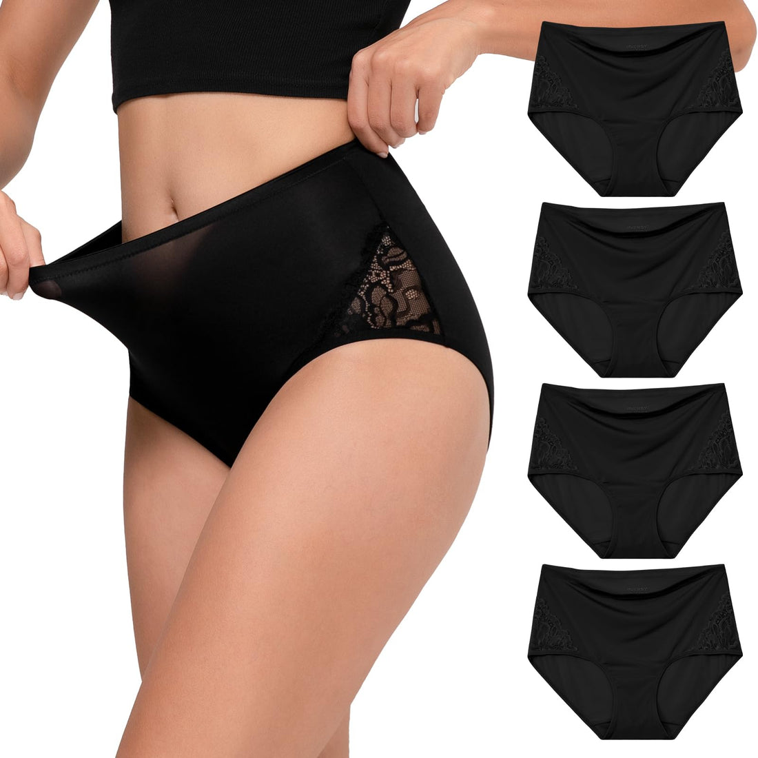 INNERSY Women's Lace Underwear Full Coverage Briefs 4 Pack | High Waisted Panties, Lightweight Stretch Nylon Blend, Quick-dry, Silky-Smooth, Breathable, Soft Cotton Crotch