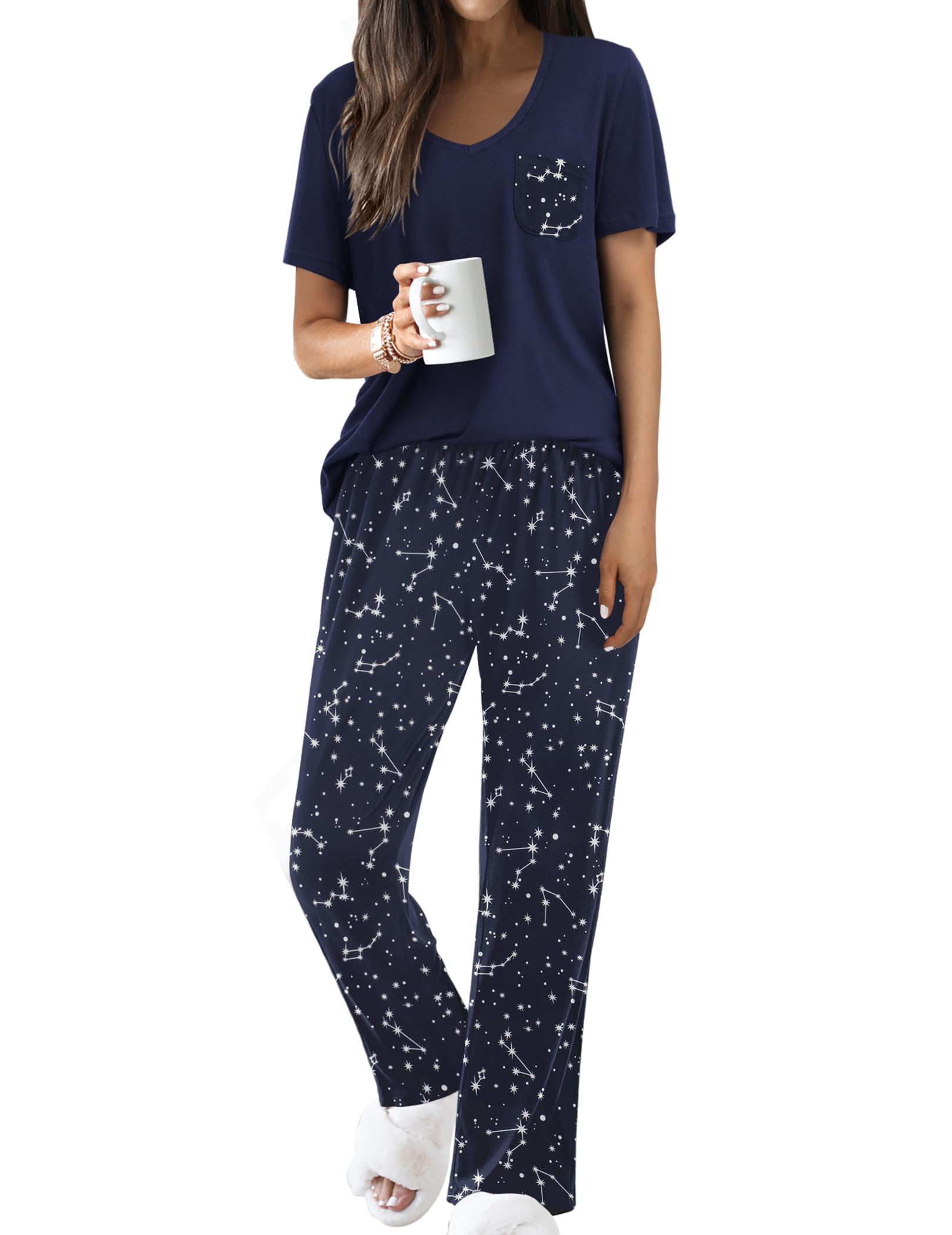 Ekouaer Pajama Sets for Women 2 Piece Short Sleeve Pj V Neck Chest Pocket
