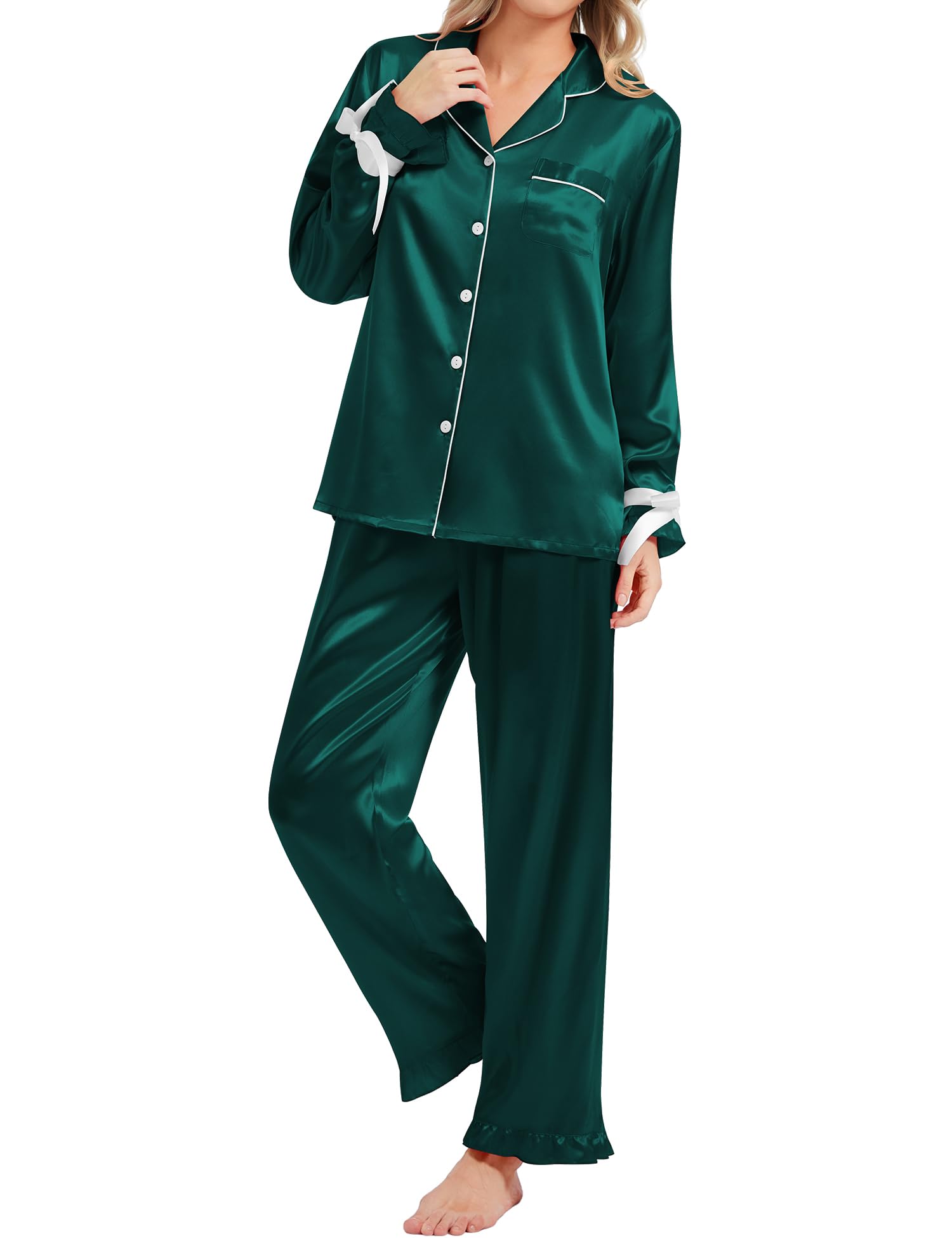 SWOMOG Womens Silk Satin Pajamas Set Long Sleeve Button Down Sleepwear 2 Piece Lounge Set Pj Set XS-3XL