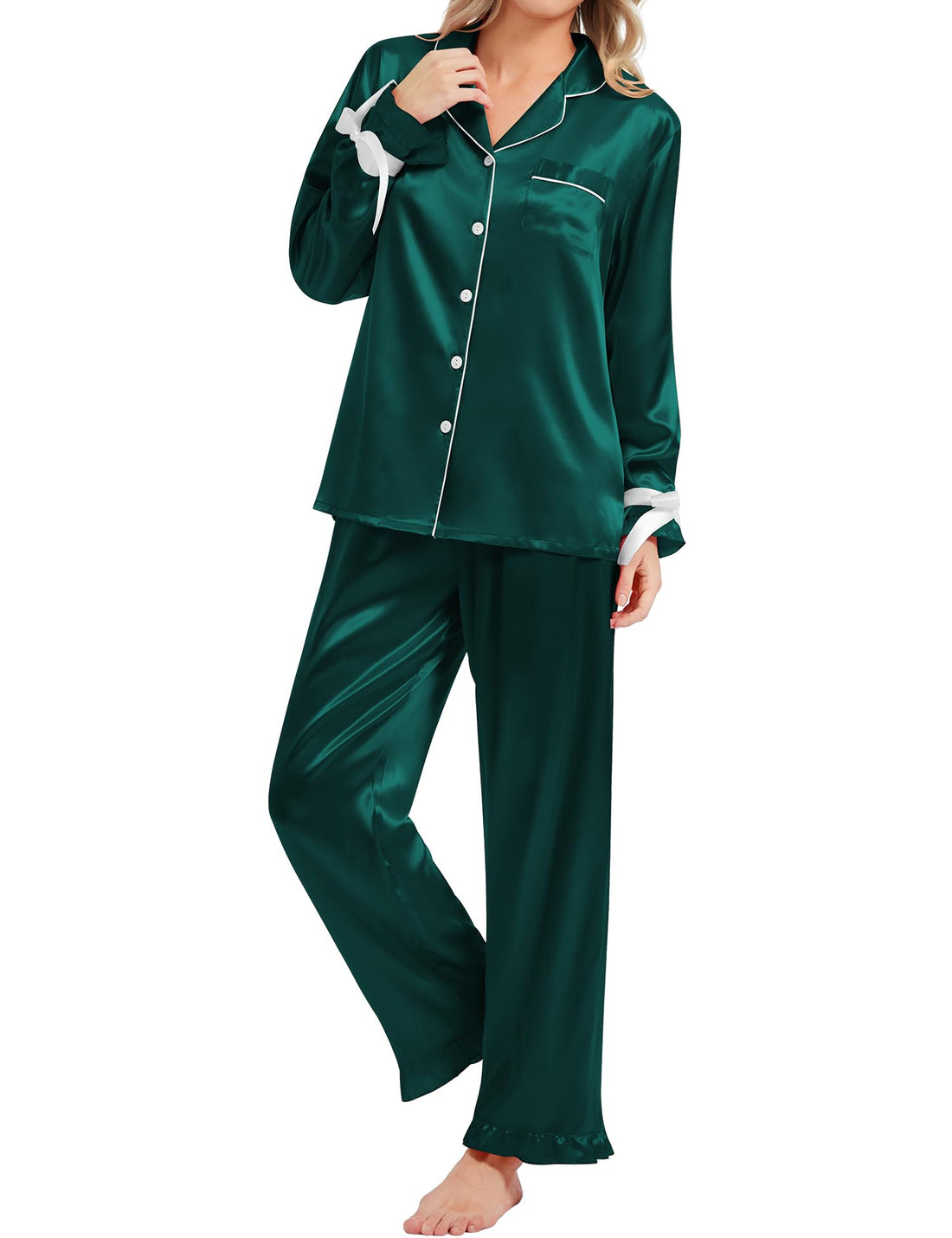 SWOMOG Womens Silk Satin Pajamas Set Long Sleeve Button Down Sleepwear 2 Piece Lounge Set Pj Set XS-3XL