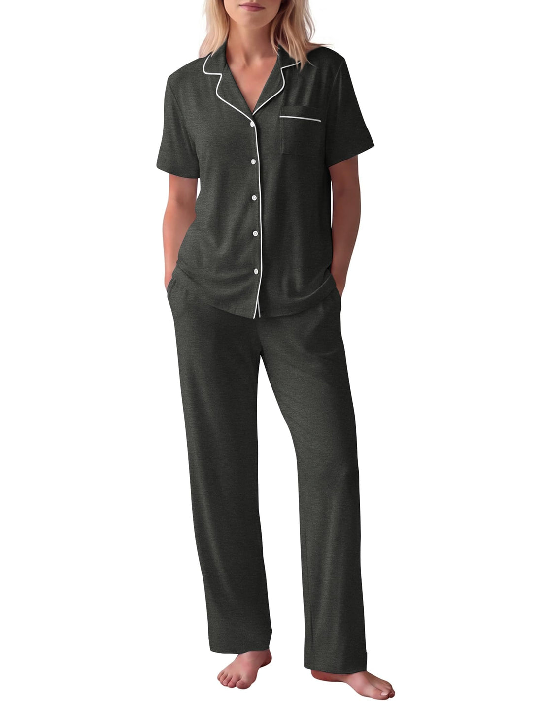 HNG Women Pajamas Set 2 Piece Button Up Pajamas Pant and Short Sleeve Shirt for Woman Pj Sets with Pocket