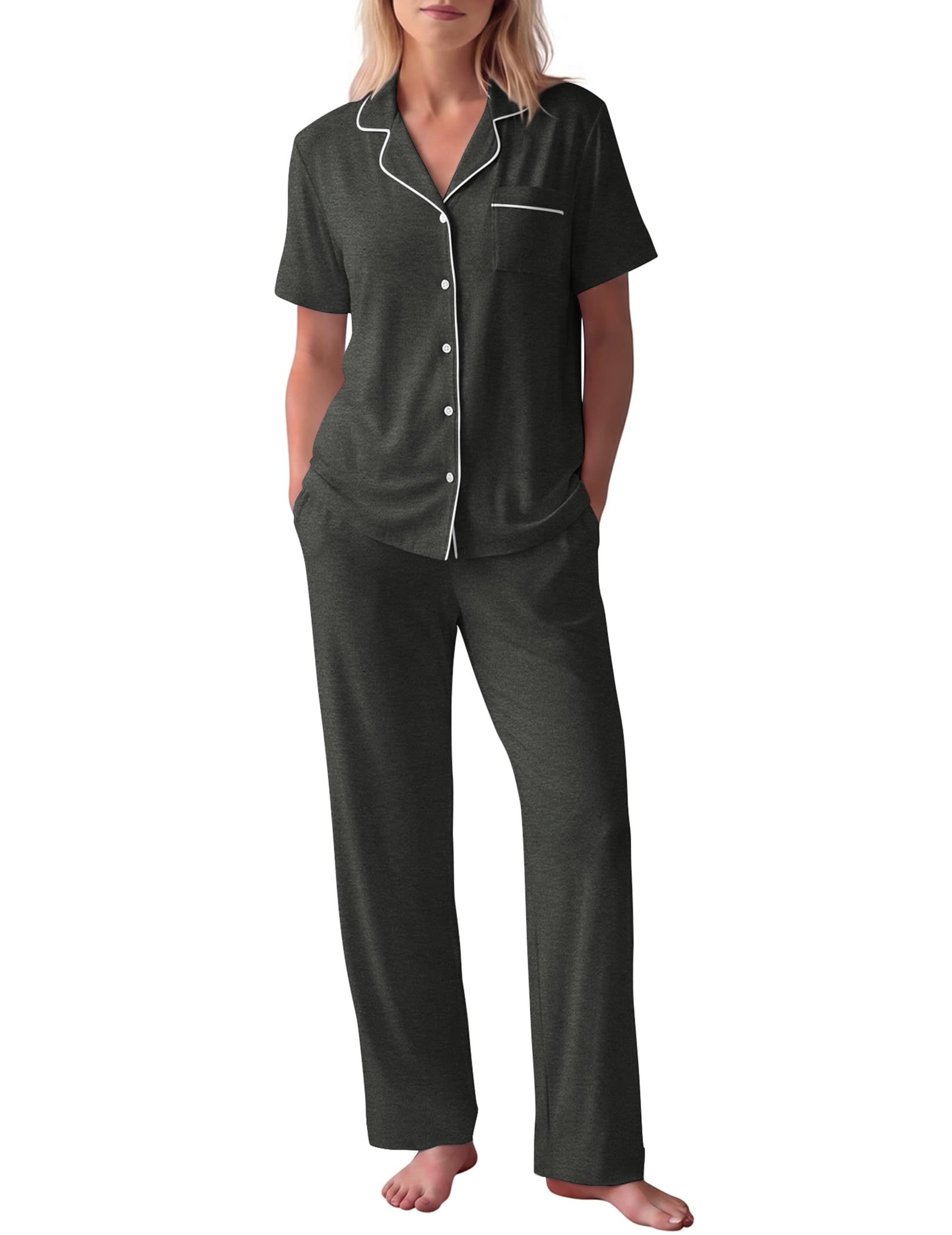 HNG Women Pajamas Set 2 Piece Button Up Pajamas Pant and Short Sleeve Shirt for Woman Pj Sets with Pocket