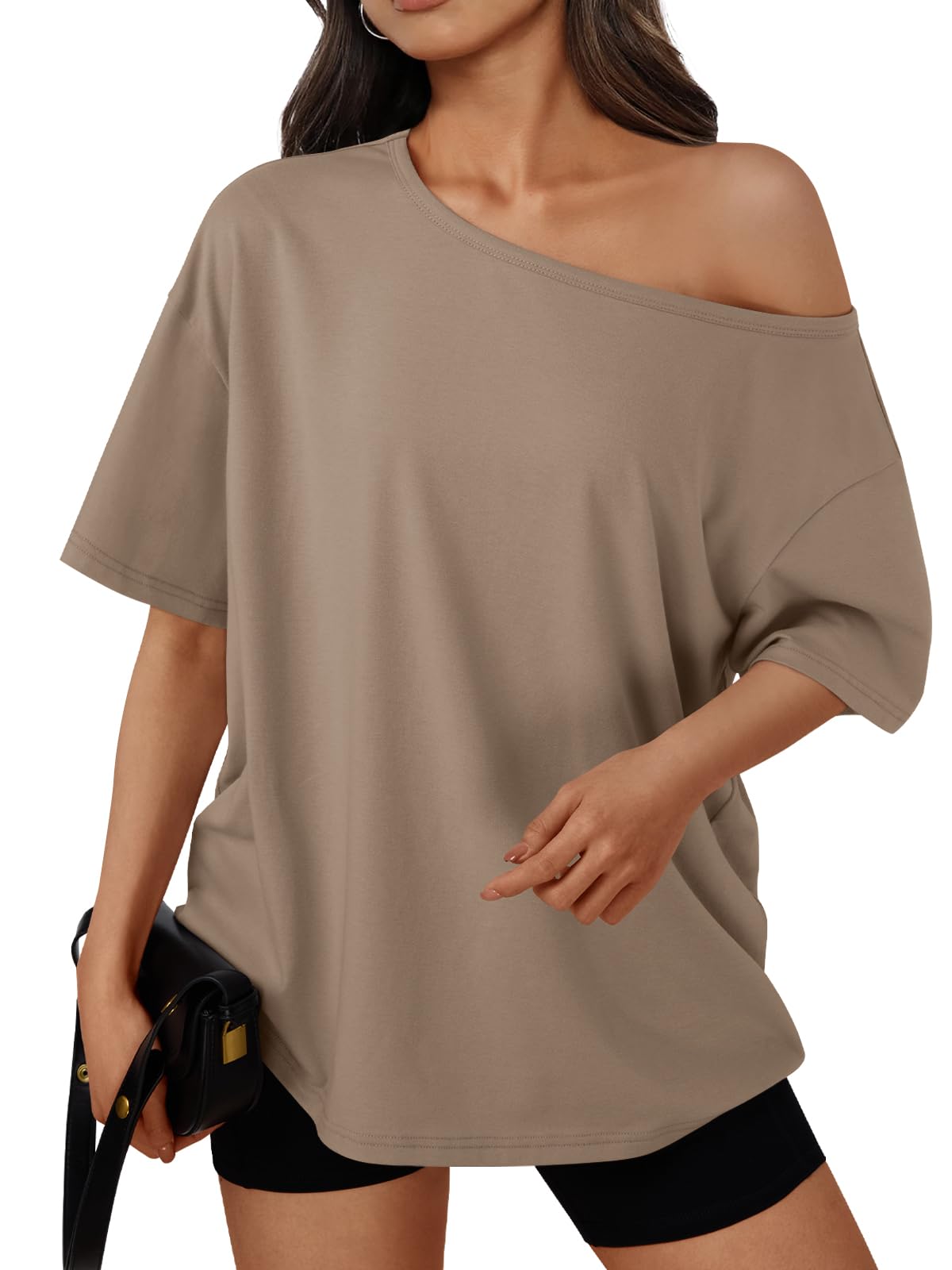 Trendy Queen Womens Off the Shoulder Tops Oversized Summer T-Shirts 2026 | Breathable comfort stretch fabric, short sleeve, basic oversized tees, casual workout gym, y2k going out clothes