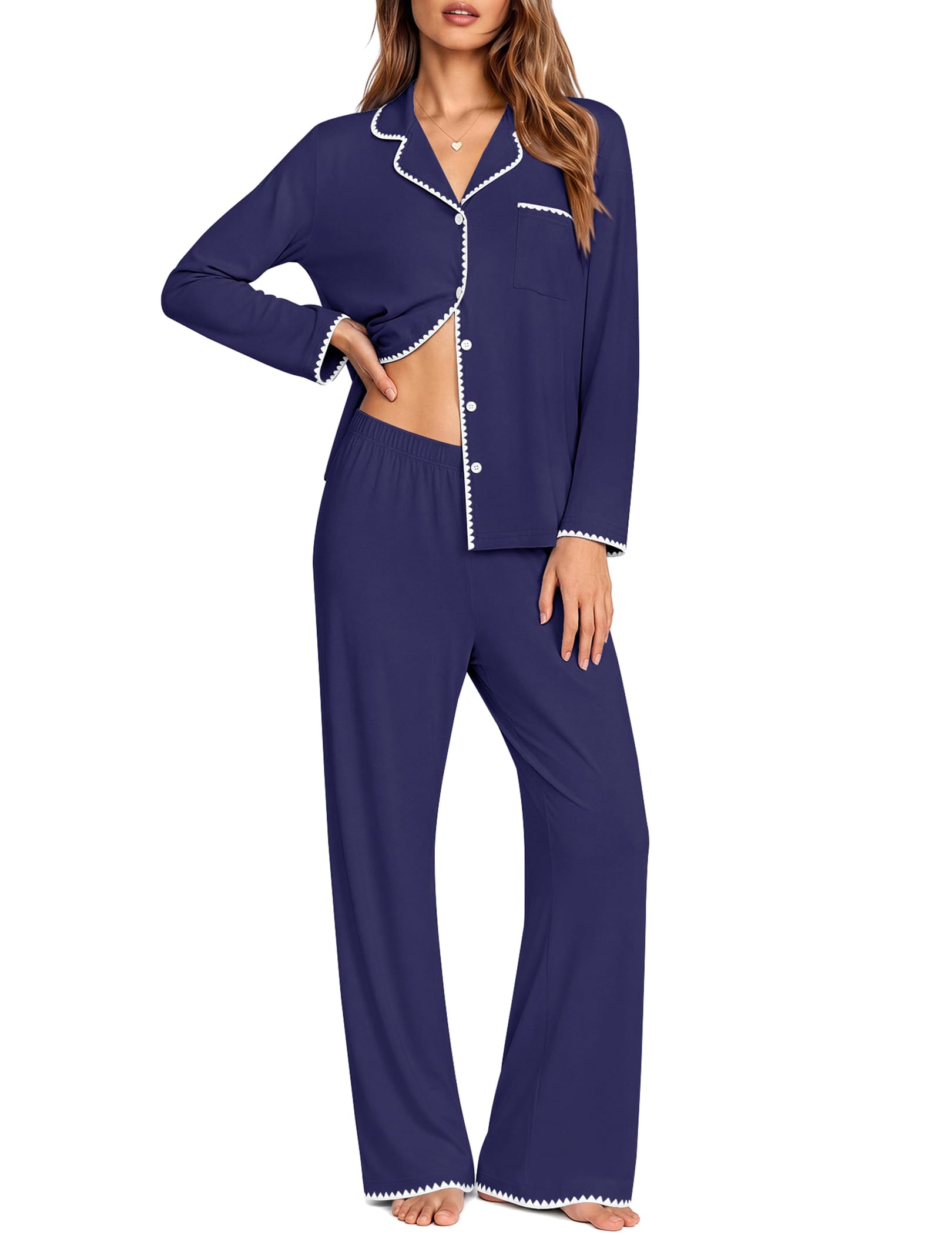 Ekouaer Pajamas for Women Set Long Sleeve Lounge Set Soft Button Down Pjs