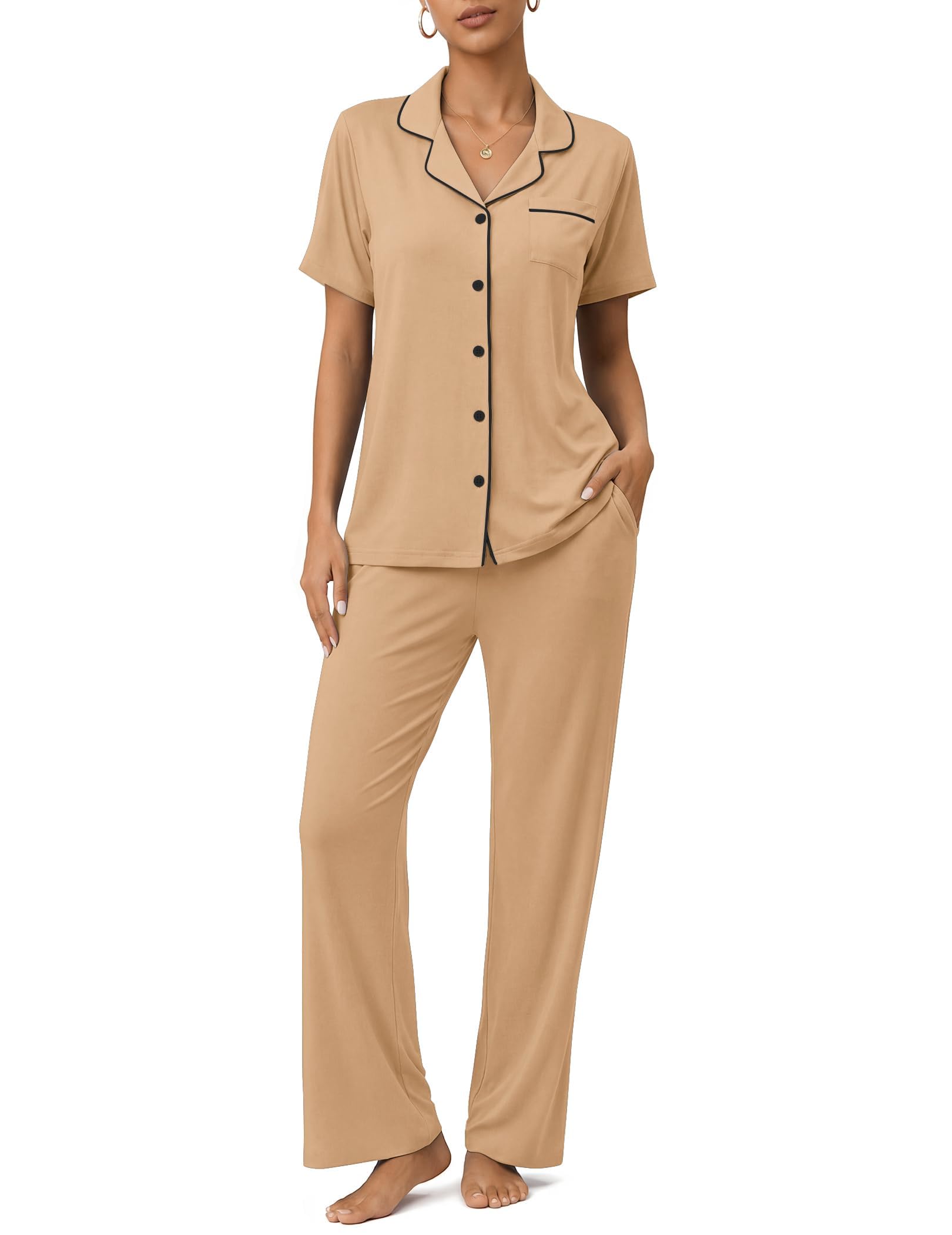 Womens Pajamas Sets 2 Piece Button Up Pj Sets Short Sleeve with Long Pant