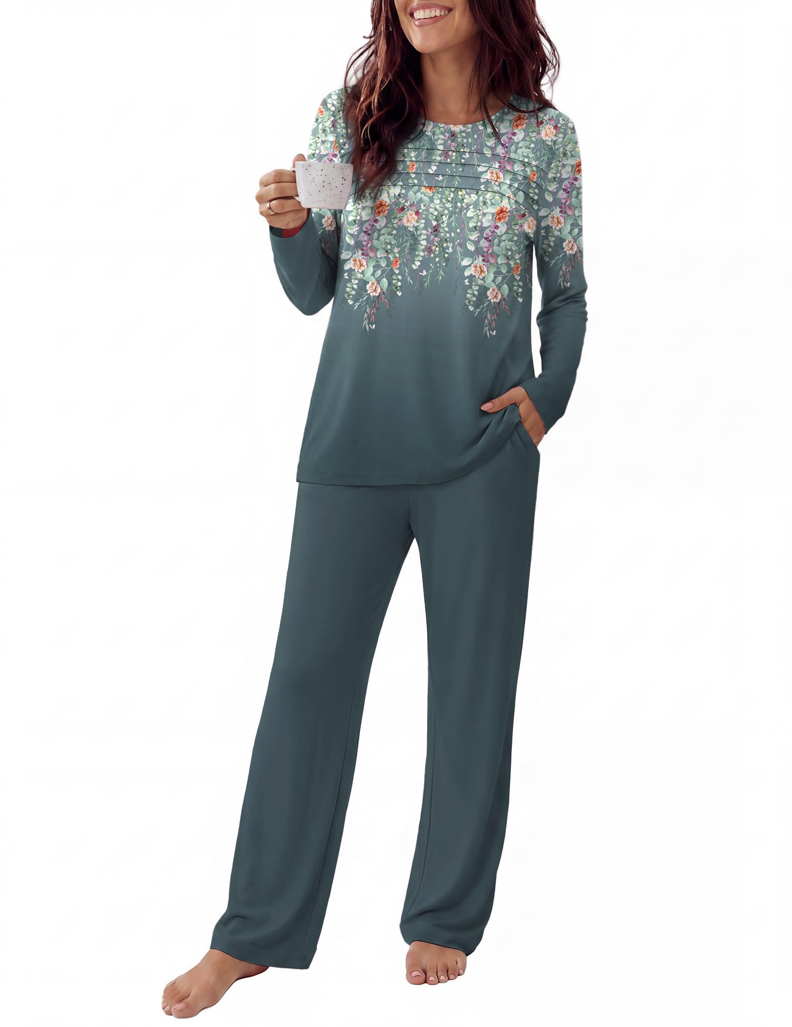 Ekouaer Womens Pajama Sets Pleated Tops with Long Sleeve Fall Lounge Set