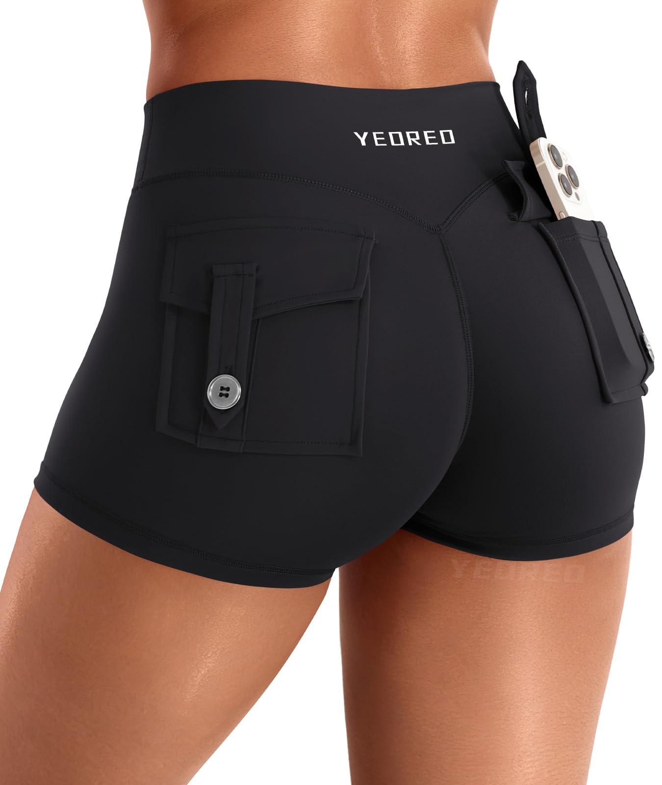 YEOREO CoreFlex Women Workout Shorts Low Rise Hidden Scrunch Butt Lifting Cargo Pockets 2.5" Shorts
