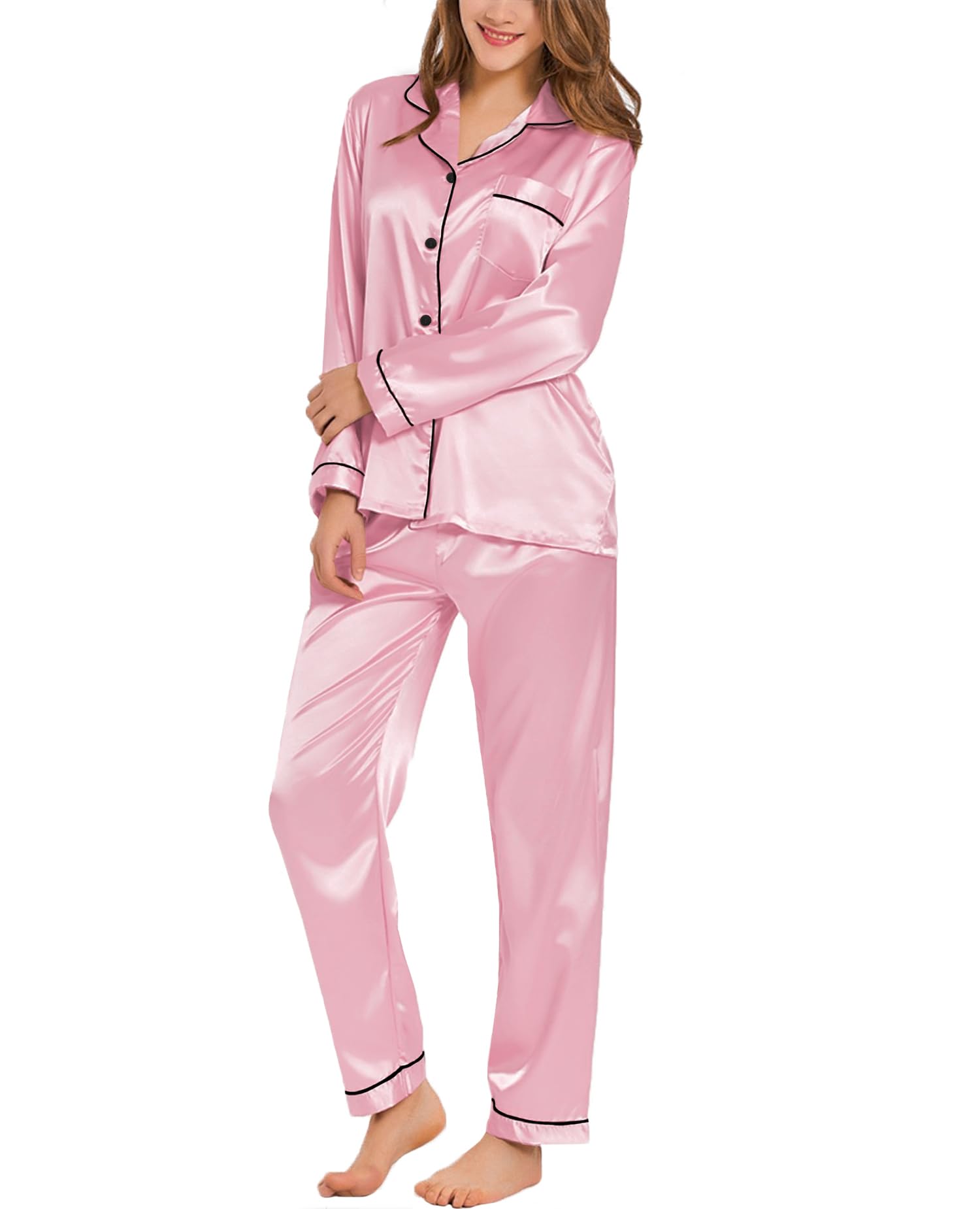 SWOMOG Womens Silk Satin Pajamas Set Long Sleeve Button Down Sleepwear 2 Piece Lounge Set Pj Set XS-3XL