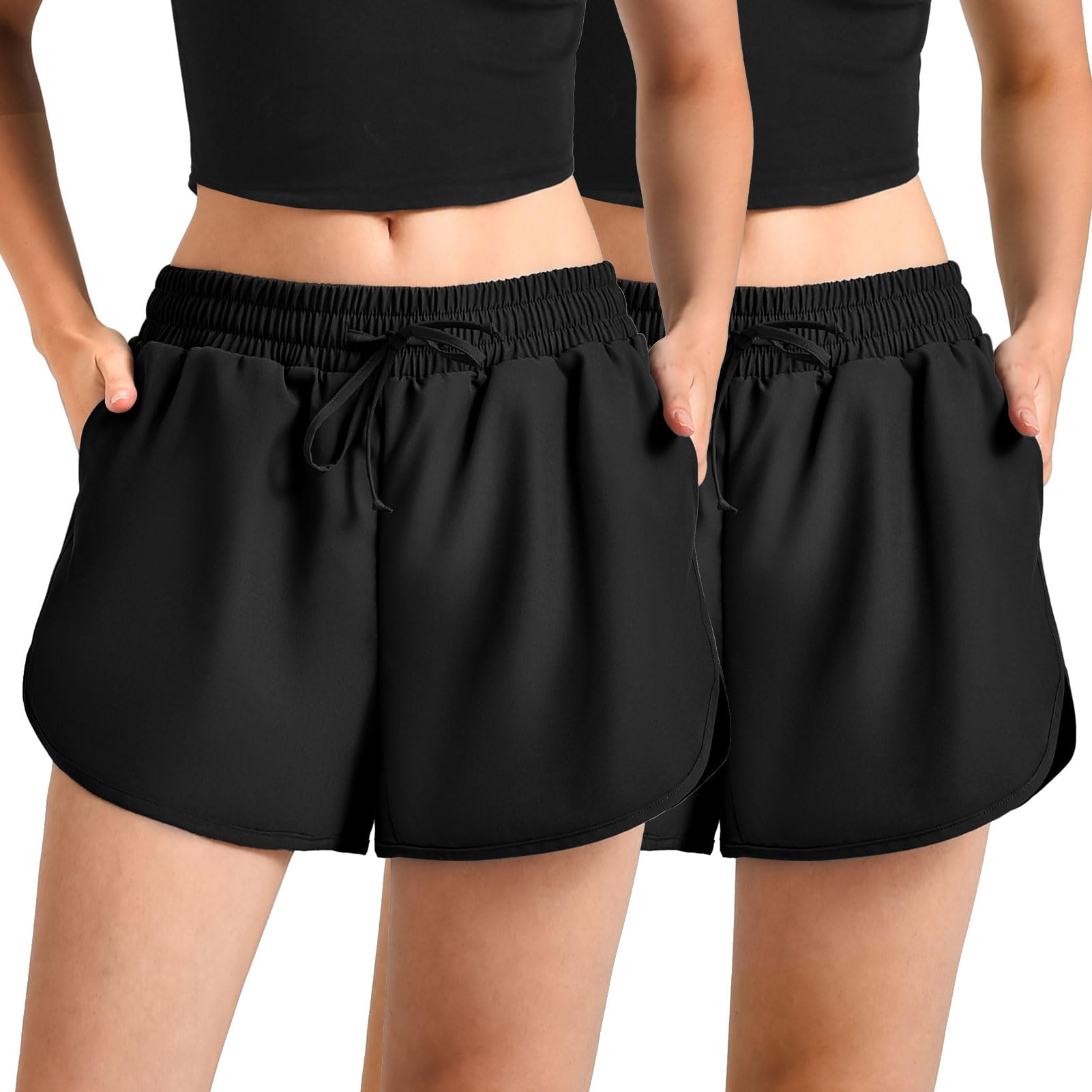 Leafigure 2Pack Running Shorts for Women- Athletic High Waisted Quick Dry Shorts with Pockets for Gym Workout