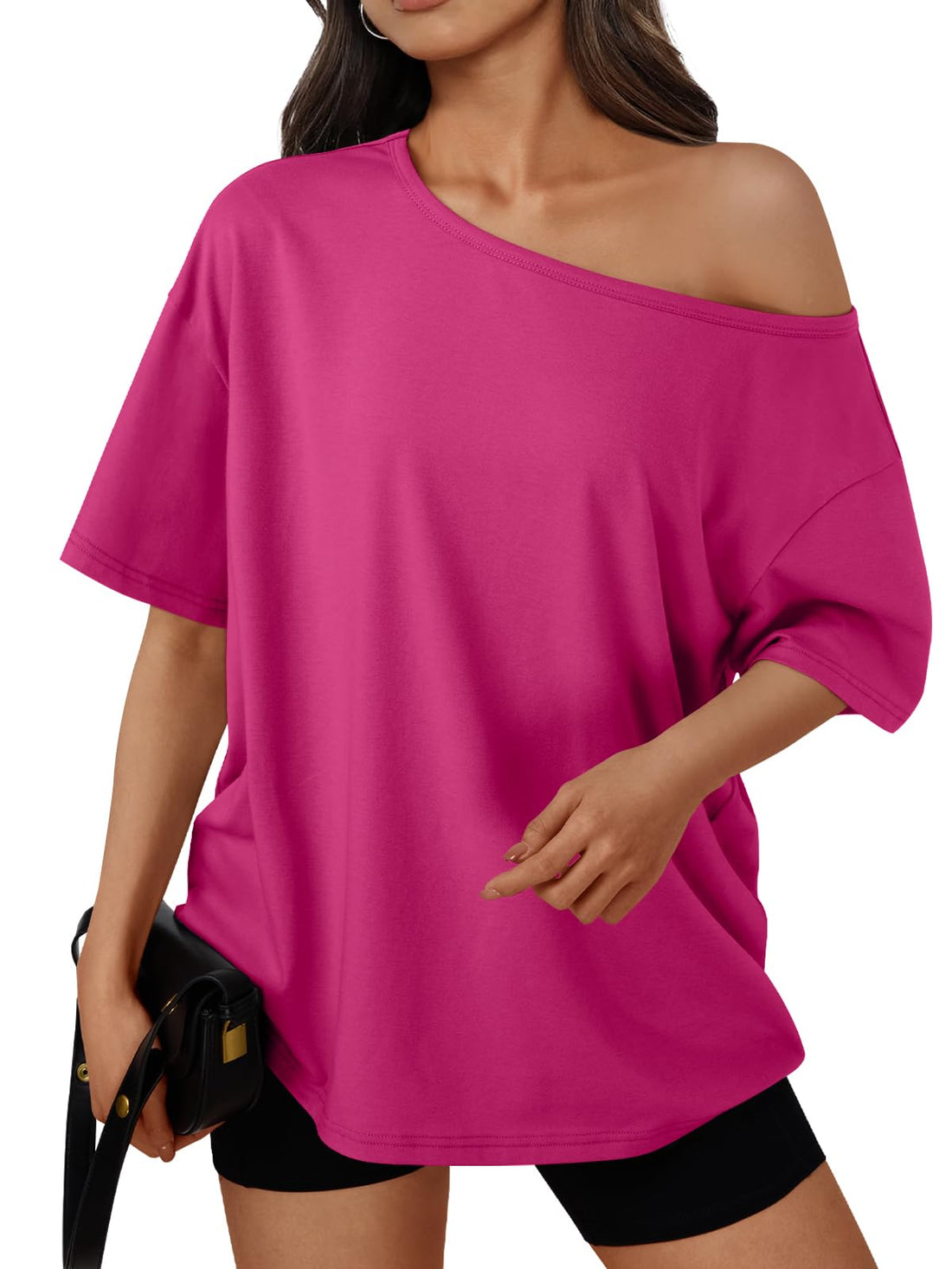Trendy Queen Womens Off the Shoulder Tops Oversized Summer T-Shirts 2026 | Breathable comfort stretch fabric, short sleeve, basic oversized tees, casual workout gym, y2k going out clothes