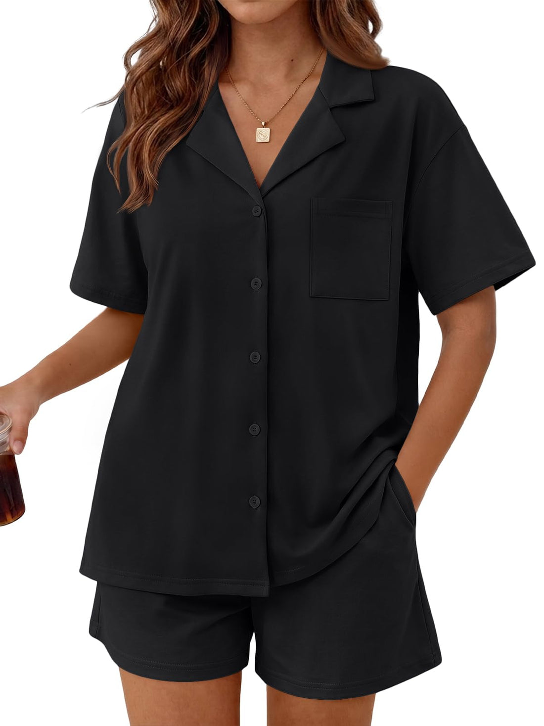 Trendy Queen Pajamas Set for Women 2 Piece Short Sleeve Sleepwear Button Down Pjs Matching Lounge Sets with Pockets