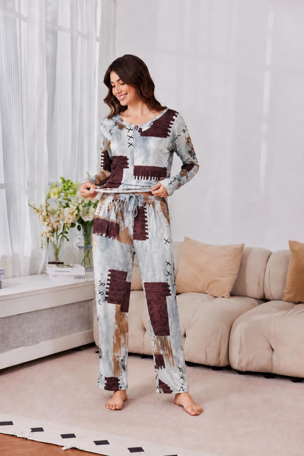 2 Pack: Women's Long Sleeve Pajama Sets - V Neck Top and Pants Lounge sets