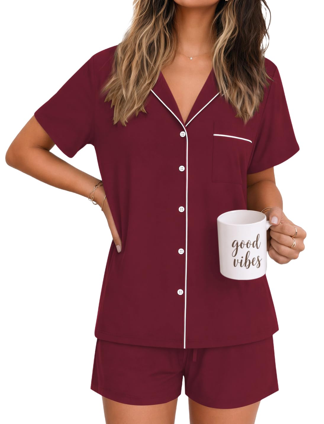 Ekouaer Womens Pajamas Set Soft Classic Notch Collar Bride Pjs Comfy Short Sleeve Sleepwear Loungewear