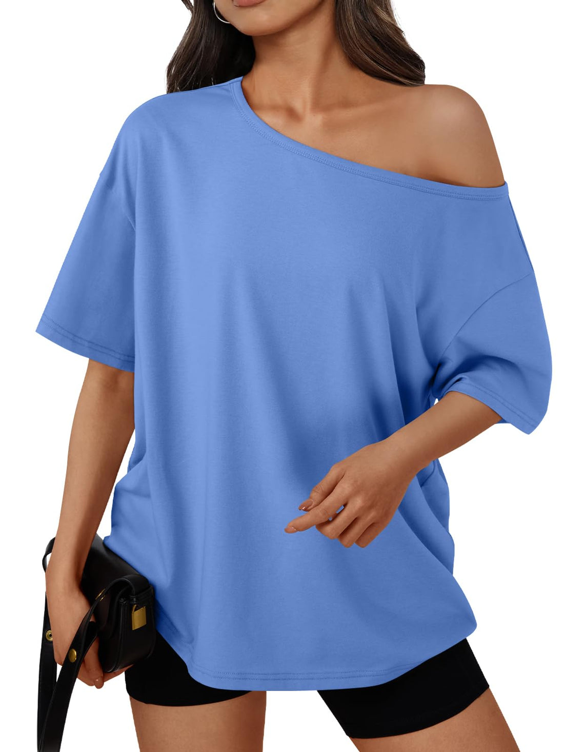 Trendy Queen Womens Off the Shoulder Tops Oversized Summer T-Shirts 2026 | Breathable comfort stretch fabric, short sleeve, basic oversized tees, casual workout gym, y2k going out clothes