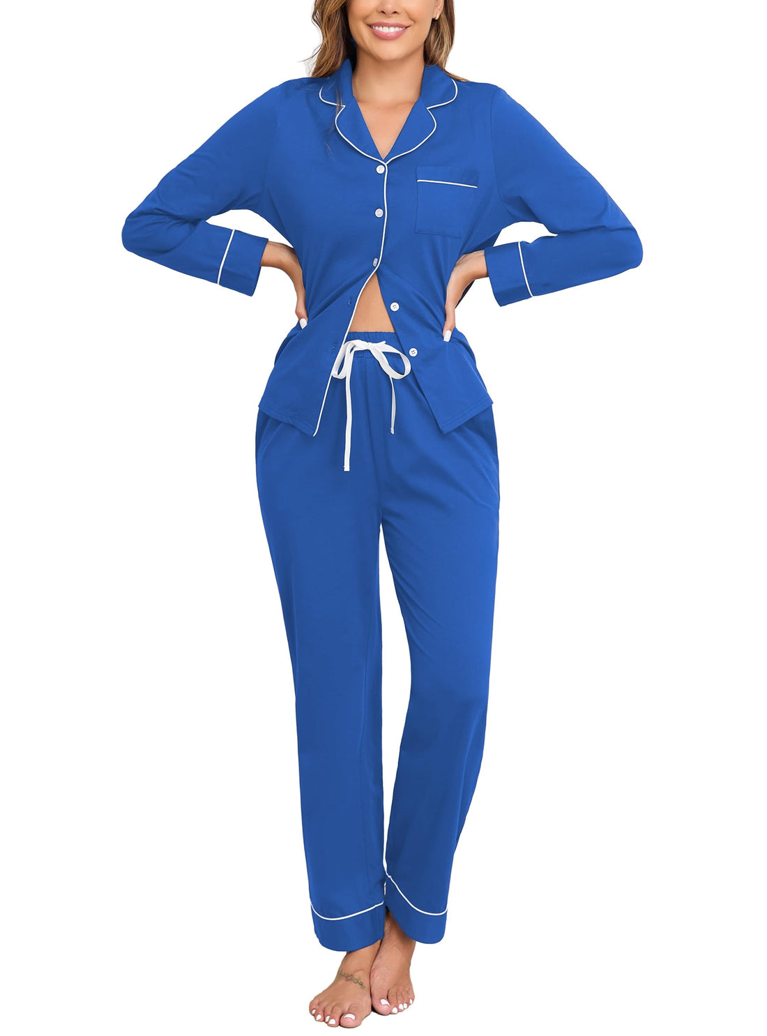 Veseacky 100% Cotton Women's Pajama Set Long Sleeve Button Down Sleepwear Soft Pjs Lounge Sets Nightwear Pjs XS-XXL
