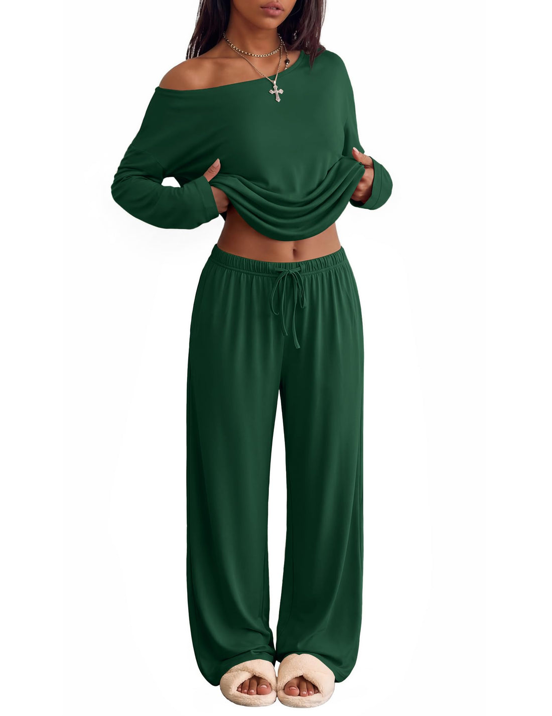 Ekouaer Womens Pajama Sets Off Shoulder Lounge Set 2 Piece Long Sleeve PJs