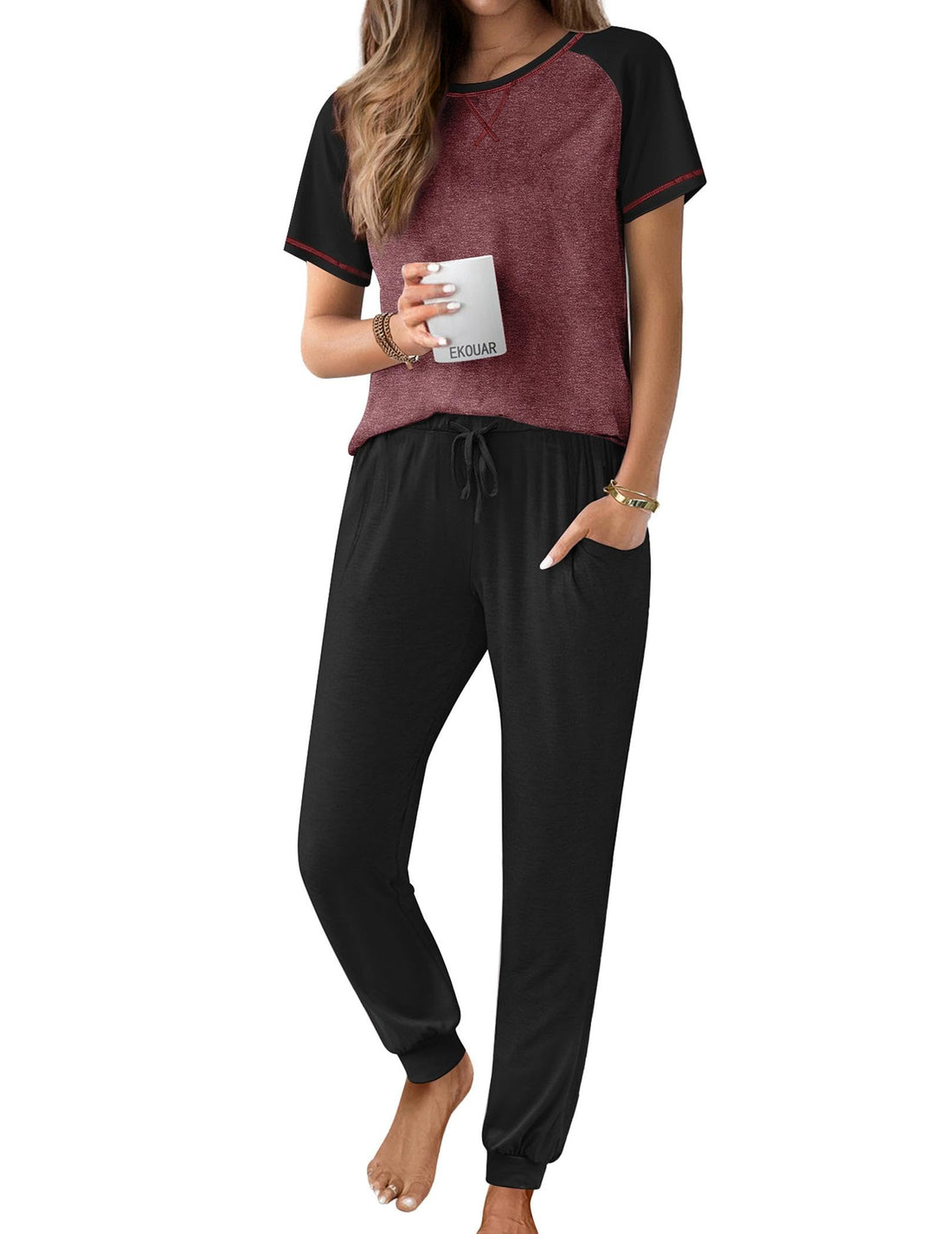 Ekouaer Pajamas for Women Set Short Sleeve PJ Set 2 Piece Jogger Pants