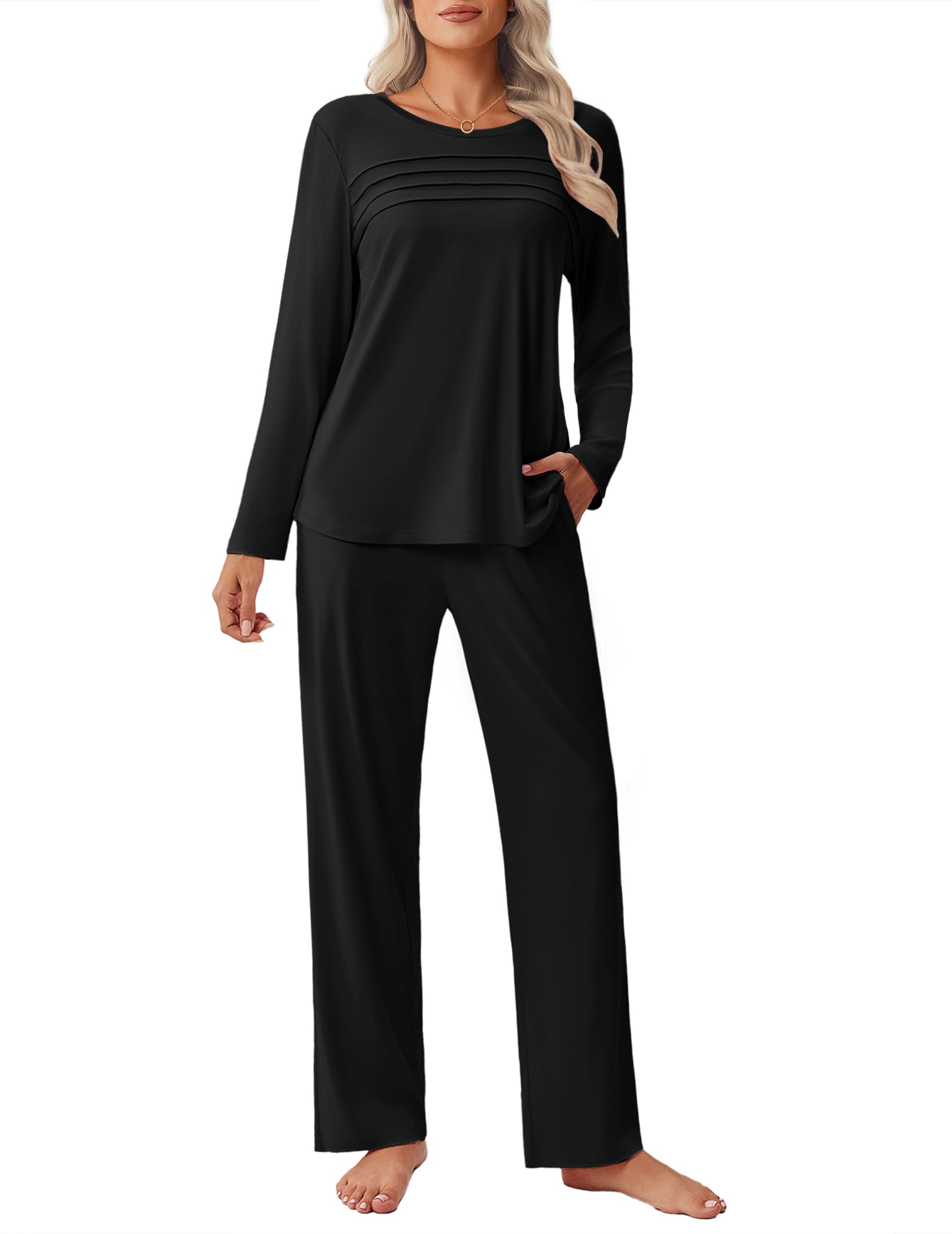 Ekouaer Womens Pajama Sets Pleated Tops with Long Sleeve Fall Lounge Set
