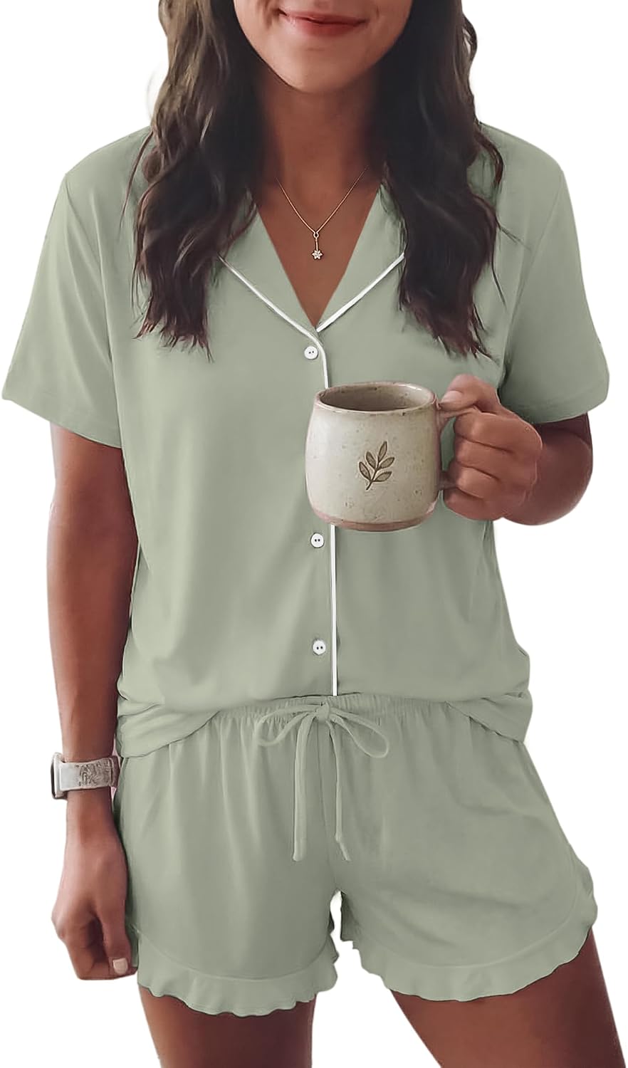 Ekouaer Womens Pajama Sets Button Down Cute Ruffled Pjs Set Sleepwear