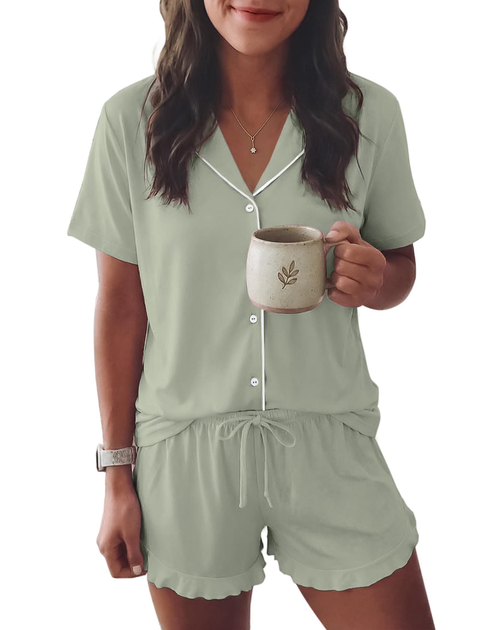 Ekouaer Womens Pajama Sets Button Down Cute Ruffled Pjs Set Sleepwear