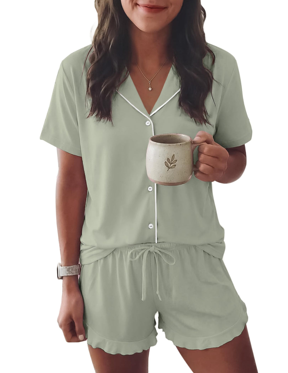 Ekouaer Womens Pajama Sets Button Down Cute Ruffled Pjs Set Sleepwear