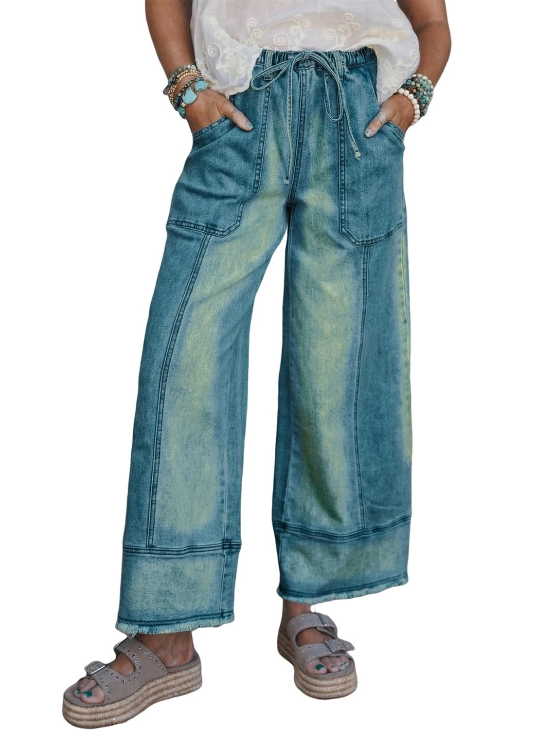 SHEWIN Women's Wide Leg Jeans High Waisted Baggy Jeans Stretchy Drawstring Denim Pants