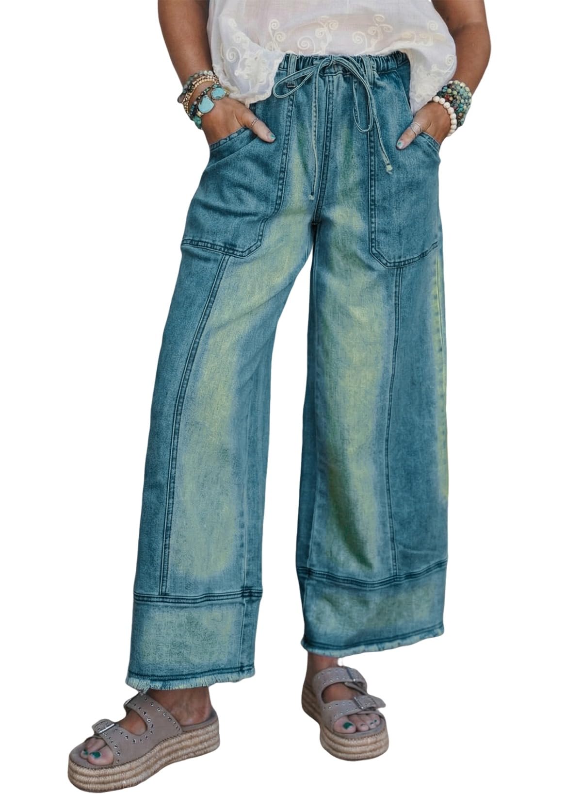 SHEWIN Women's Wide Leg Jeans High Waisted Baggy Jeans Stretchy Drawstring Denim Pants