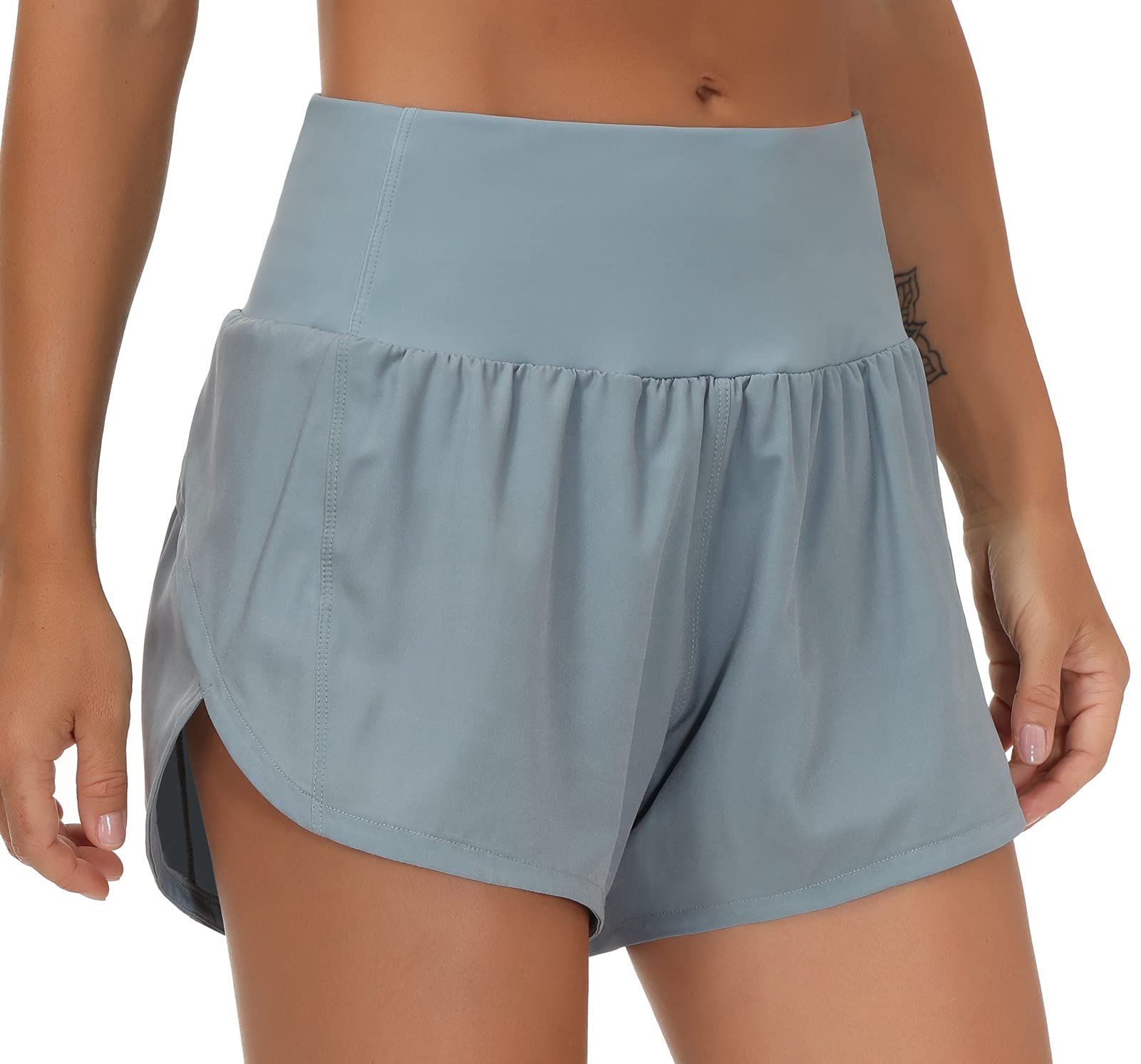 THE GYM PEOPLE Women's High Waisted Running Shorts Quick Dry Workout Shorts | High Waist, Slim Fitted, Built-in Mesh Lined, Back Zipper Pockets, Lightweight, Breathable, Side Slit