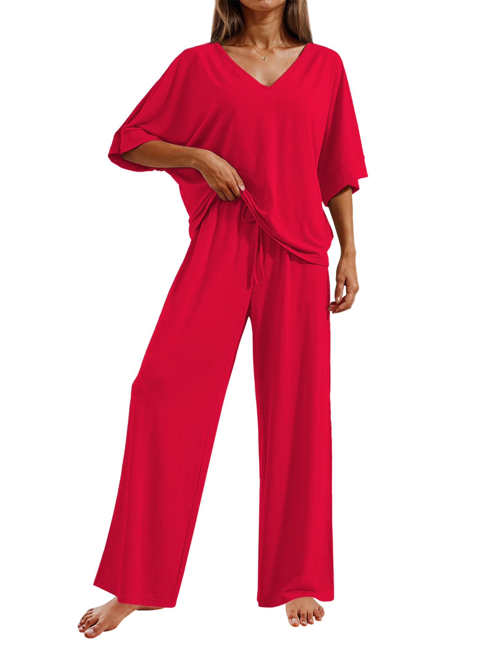 Ekouaer Pajama Sets Womens 2 Piece Short Sleeve Long Pants Pjs Lounge Set