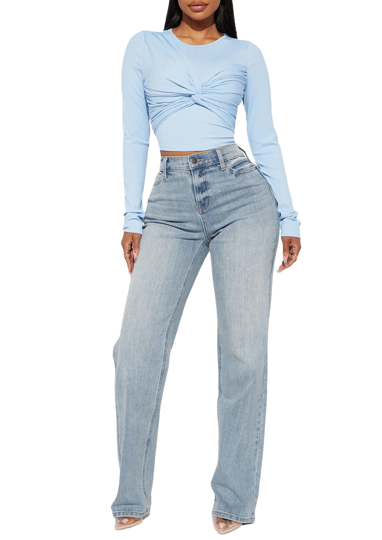 BessCops Straight Leg Jeans for Women High Waisted Wide Leg Stretchy Loose Denim Pants