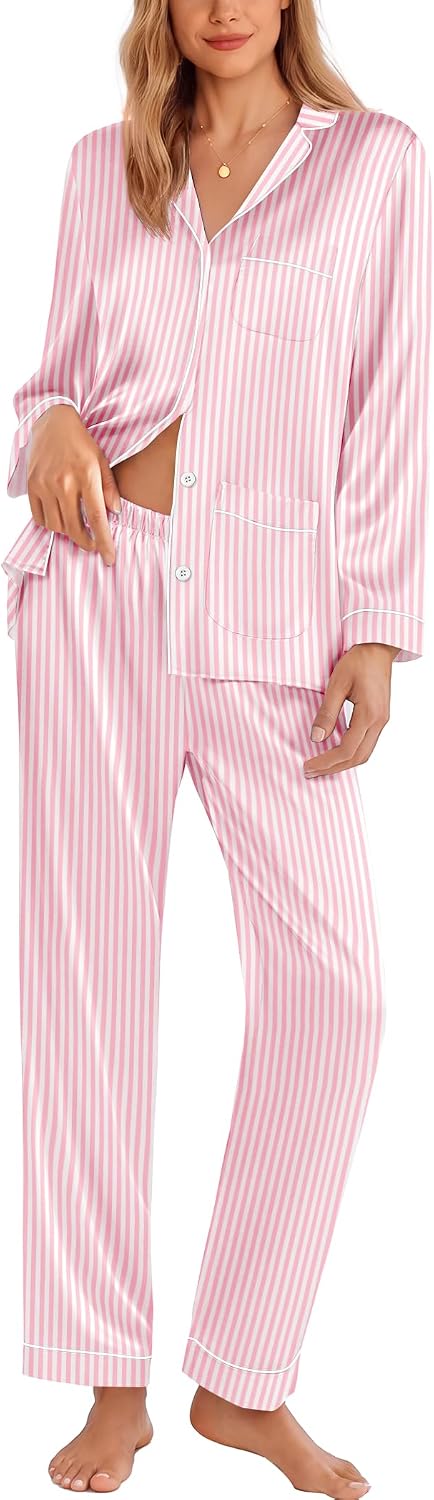 Ekouaer Pajamas for Women Silk Satin Button Down Long Sleeve Pajama Sets