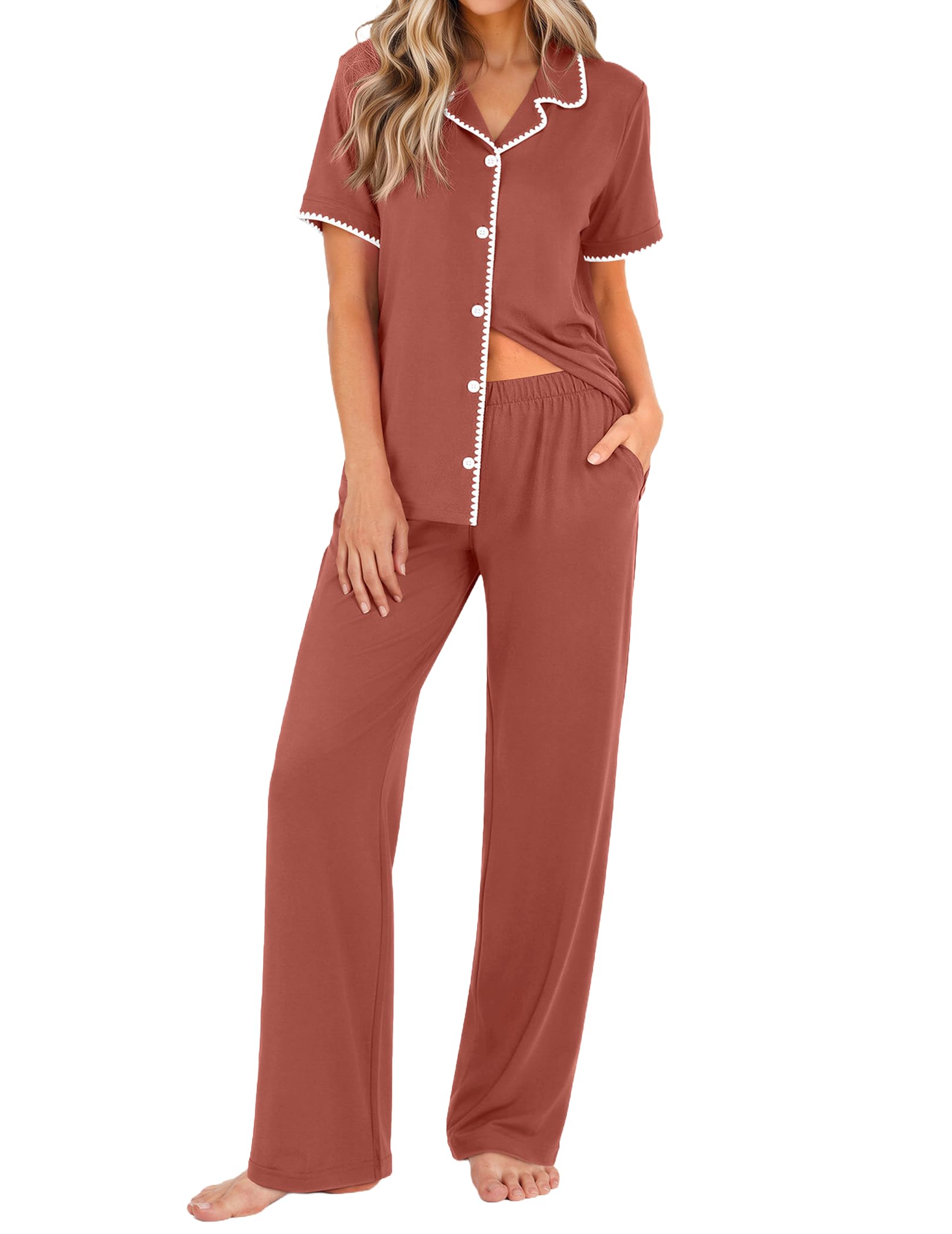 Ekouaer Womens Pajamas Set Button Down Loungewear Short Sleeve Pants Pjs