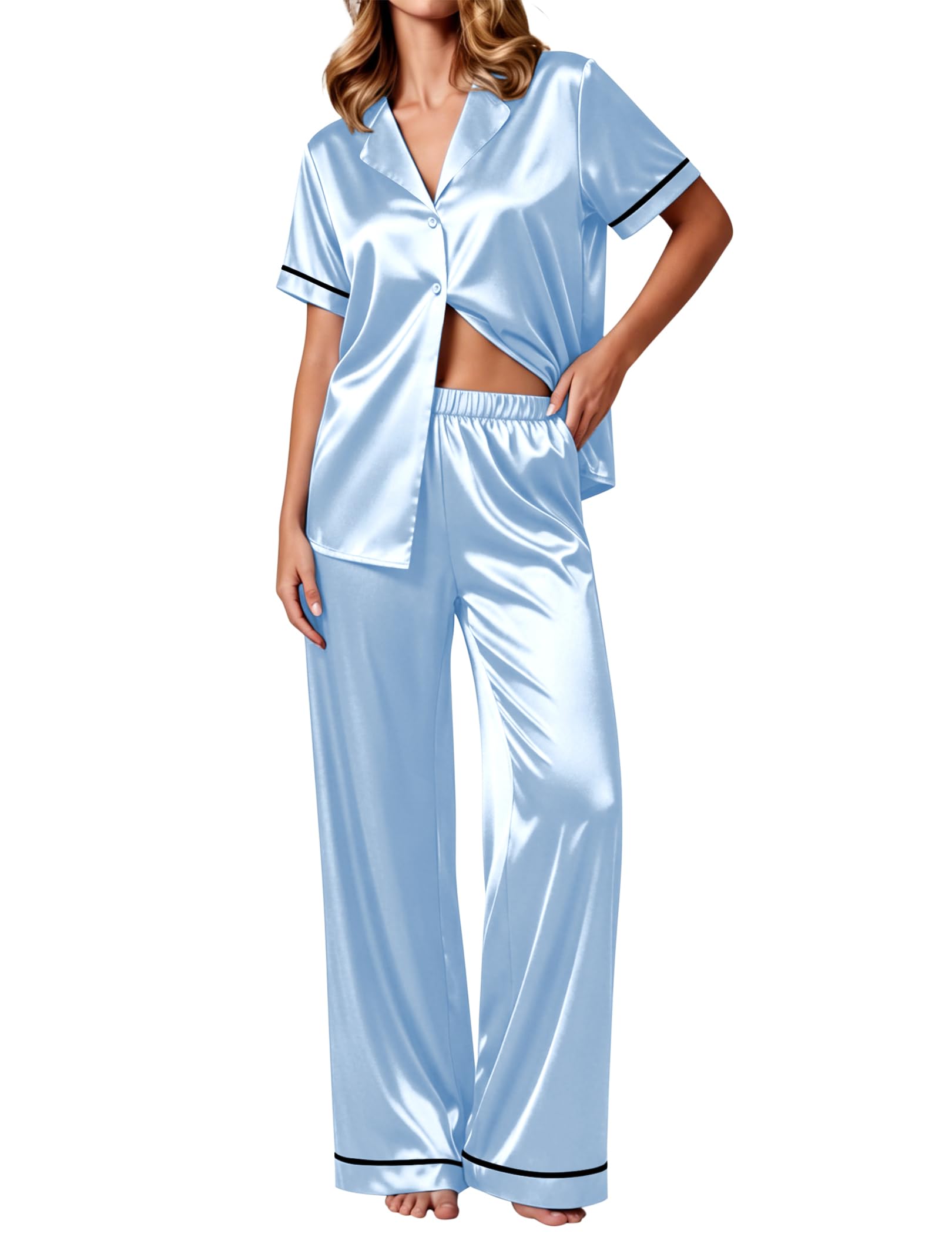 Ekouaer Women's Silk Pajamas Set Short Sleeve Pjs Button Down Lounge Set
