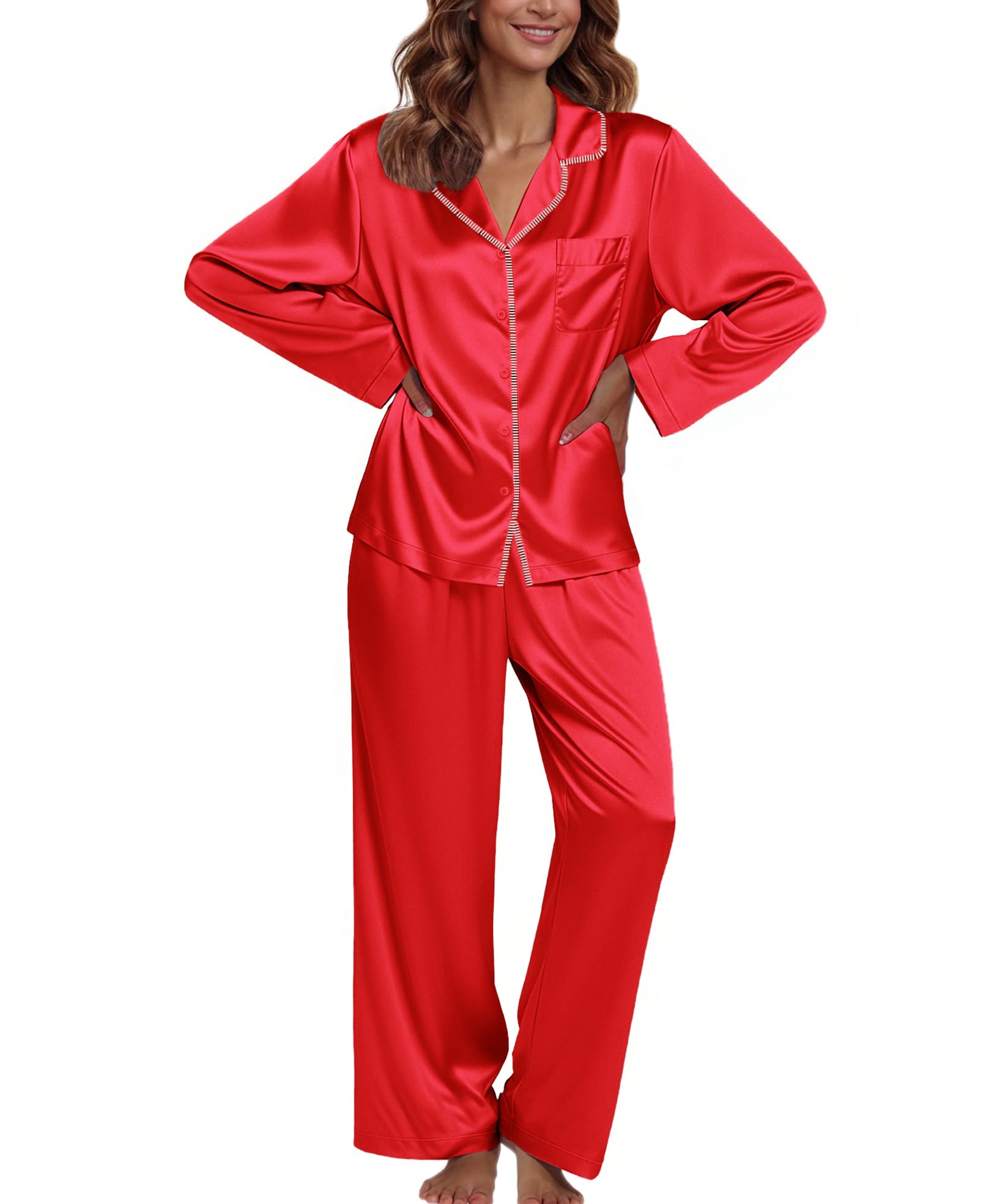Ekouaer Pajamas For Women Silk Pjs Long Sleeve Button Down Lounge Sets