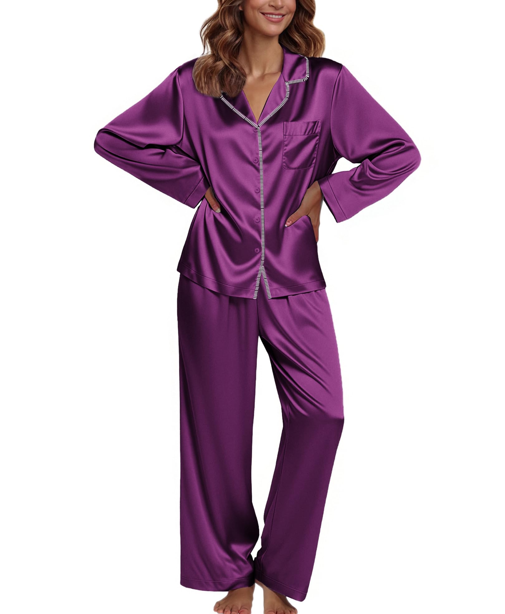 Ekouaer Pajamas For Women Silk Pjs Long Sleeve Button Down Lounge Sets