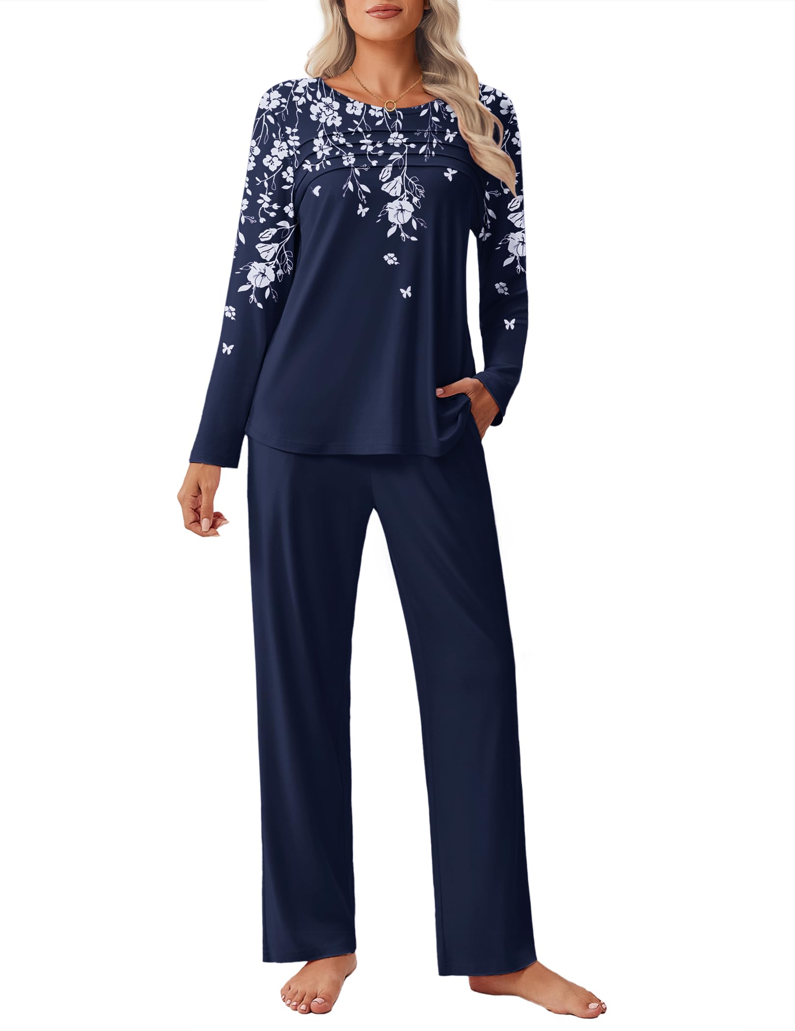 Ekouaer Womens Pajama Sets Pleated Tops with Long Sleeve Fall Lounge Set