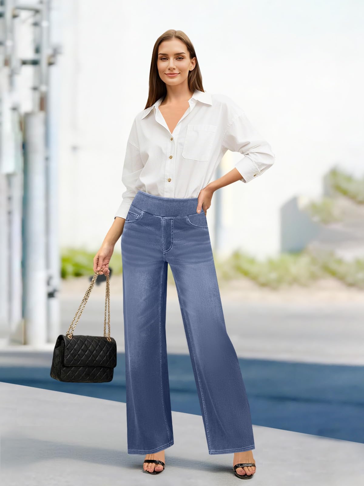 COPYLEAF Wide Leg Jeans Woman High Waisted Stretchy Baggy Sweatpant Jeans Pull On Straight Leg Loose Trendy Denim Pants