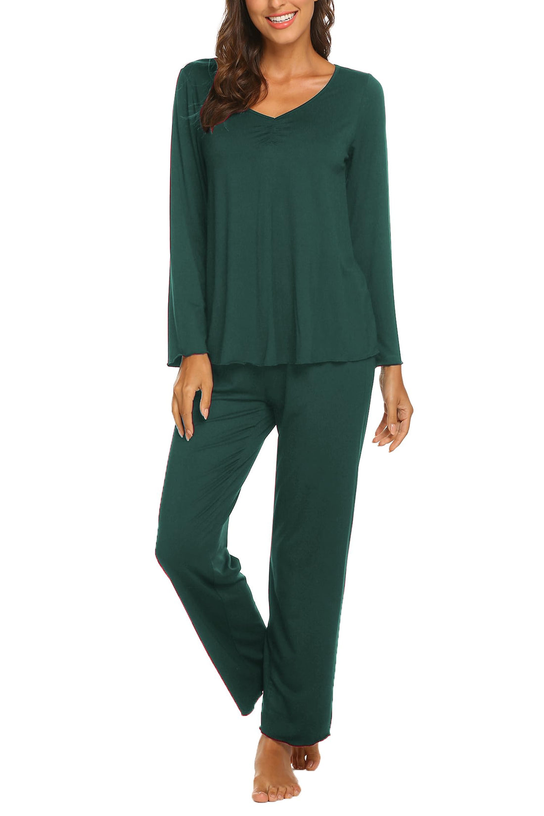 Ekouaer Pajamas for Women Set Long Sleeve Pleated Top and Pants Loungewear