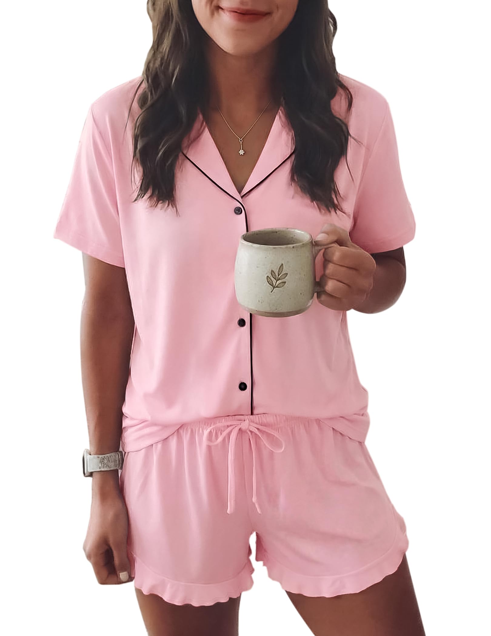 Ekouaer Womens Pajama Sets Button Down Cute Ruffled Pjs Set Sleepwear