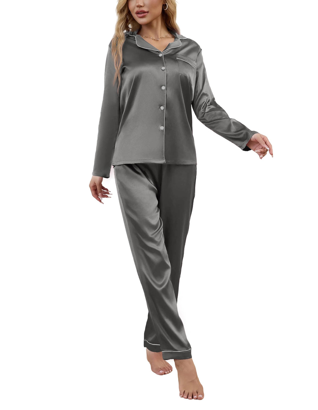 Drtope Women's Classic Button Down Long Satin Silk Pajama Set 2 piece pajama set for women silky pajama set for women