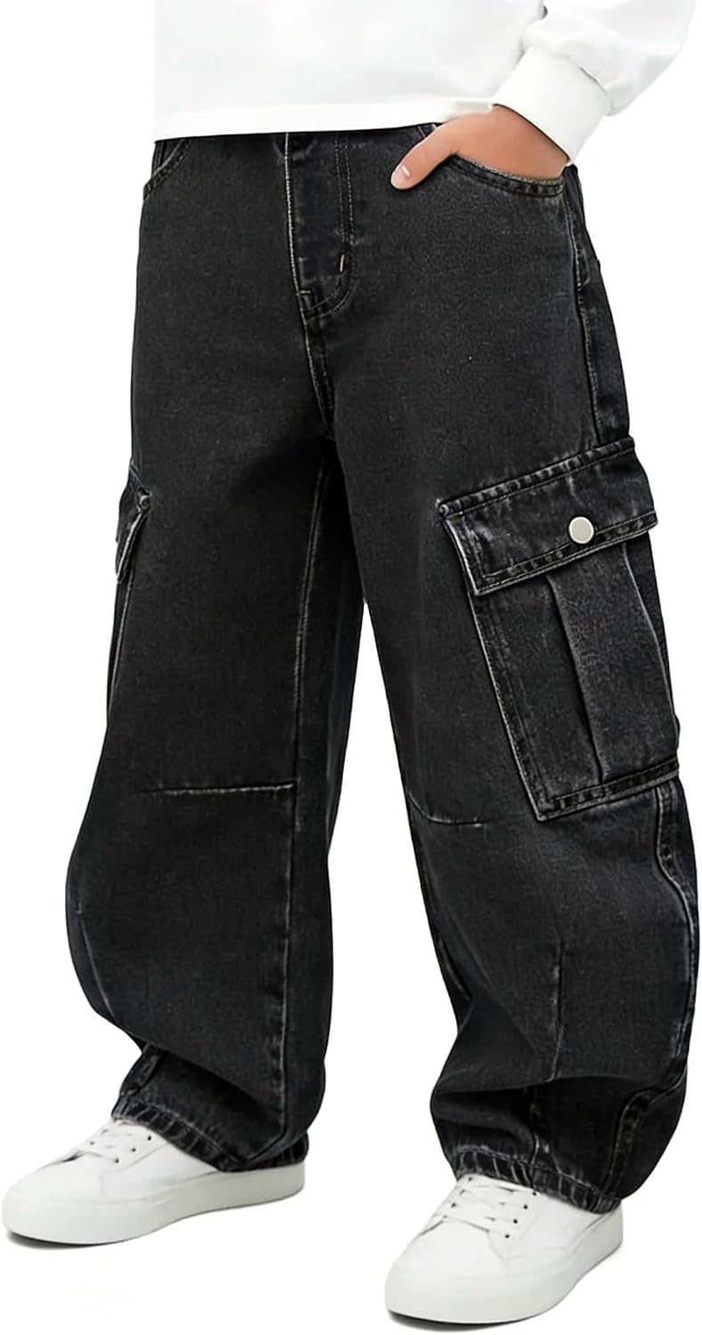Baggy Jeans for Boys Cargo Jeans, Mid Rise Elastic Waist Multi-Pockets Denim Pants School Streetwear Size 8-12