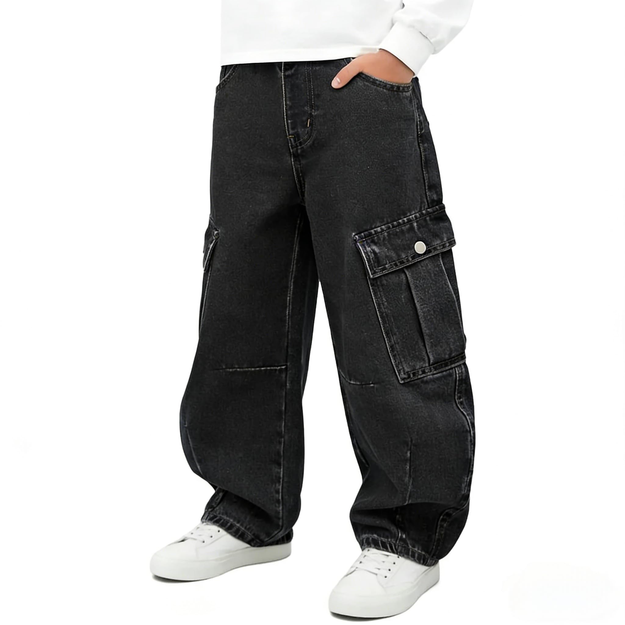 Baggy Jeans for Boys Cargo Jeans, Mid Rise Elastic Waist Multi-Pockets Denim Pants School Streetwear Size 8-12