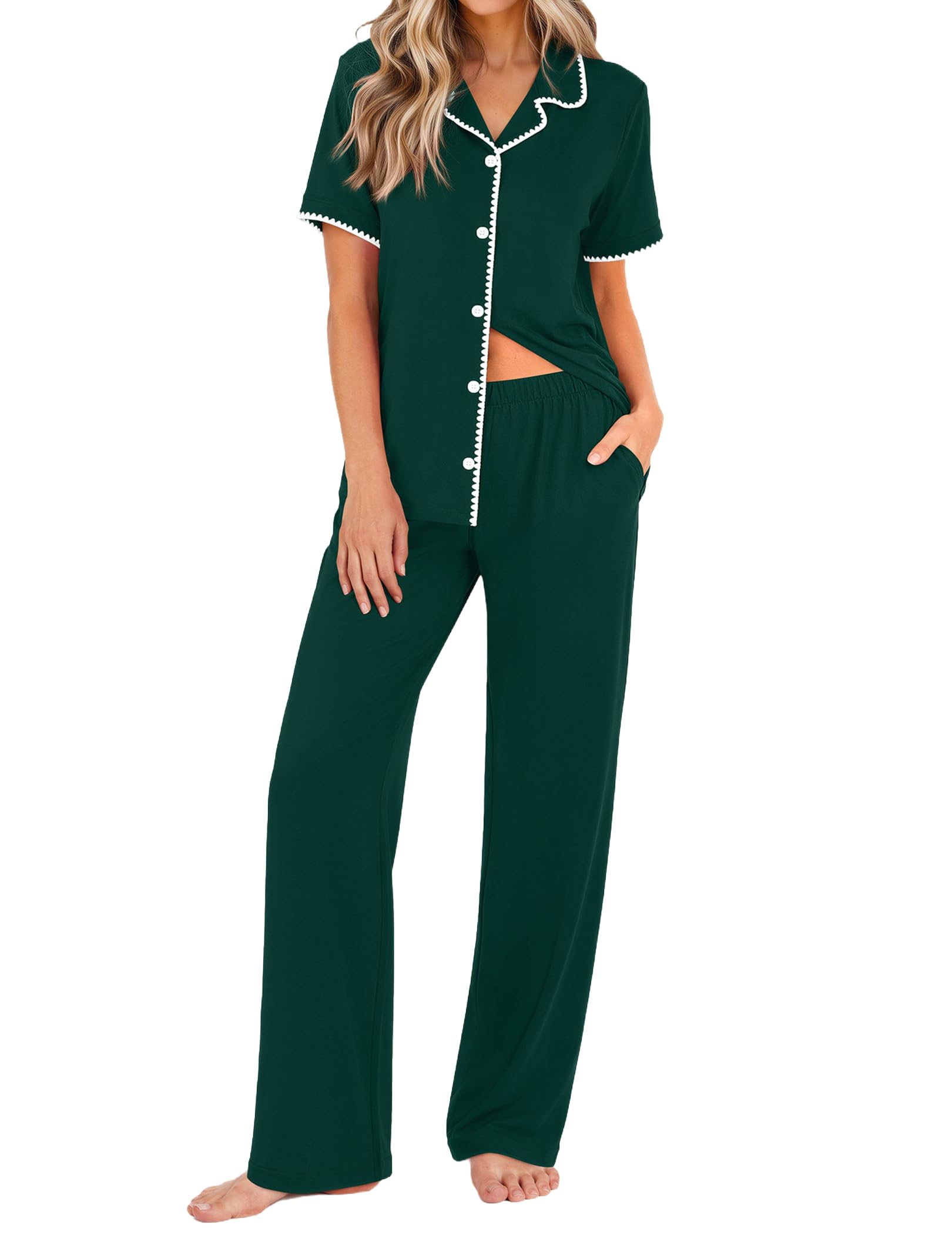 Ekouaer Womens Pajamas Set Button Down Loungewear Short Sleeve Pants Pjs