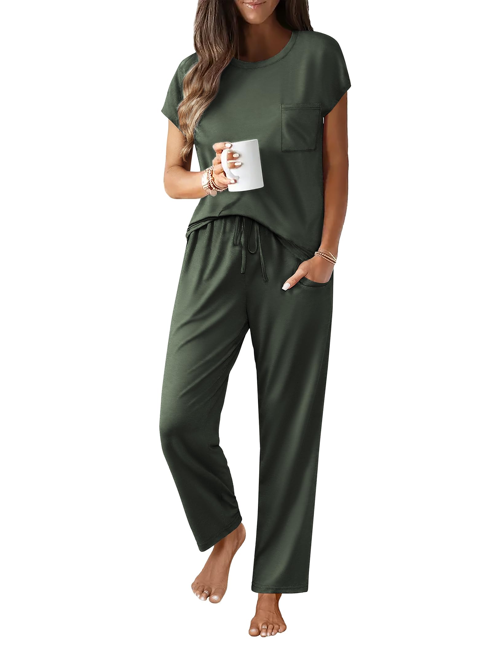 Ekouaer Womens Pajama Sets 2 Pcs Short Sleeve Lounge Set with Pockets