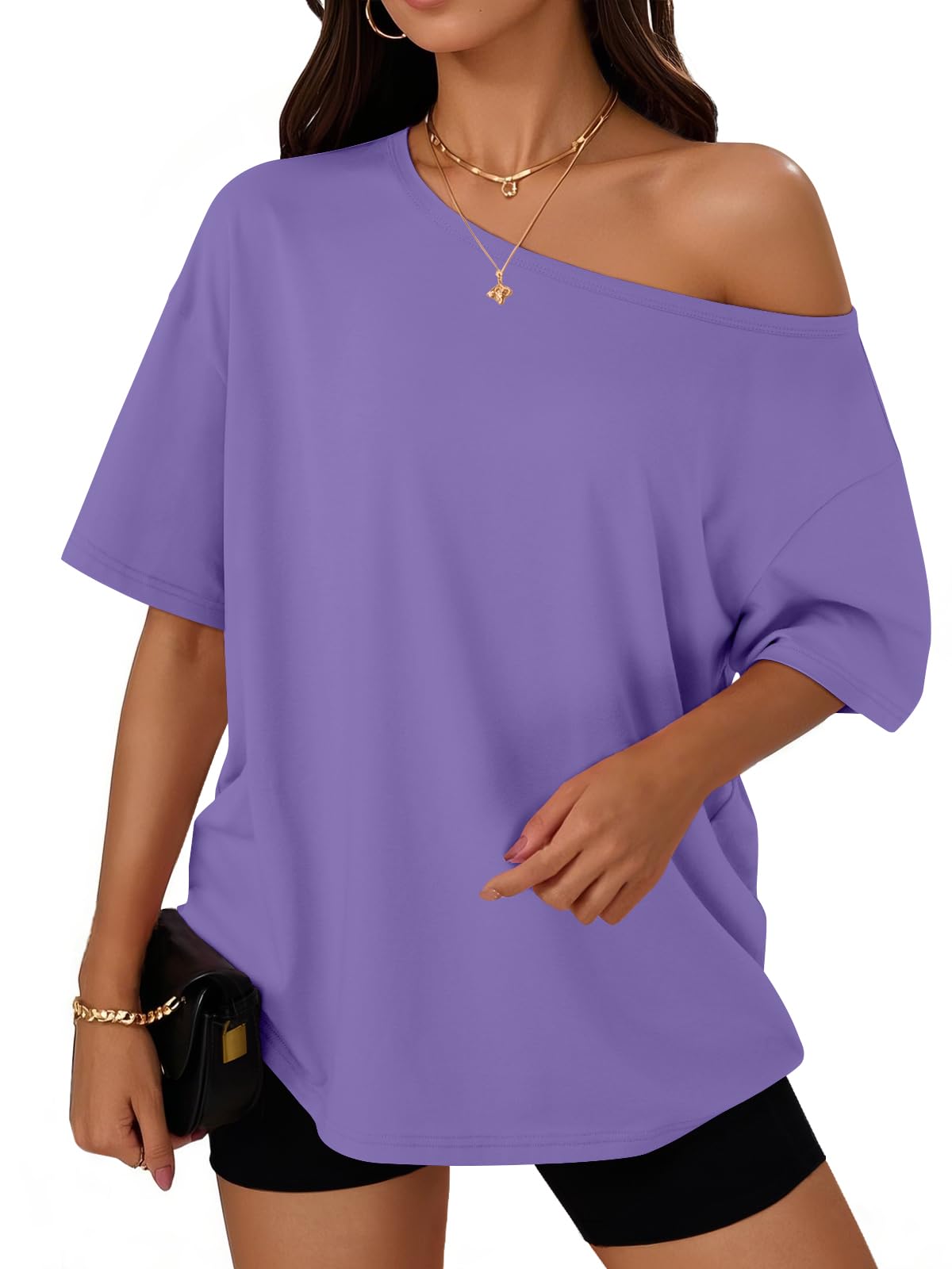 Trendy Queen Womens Off the Shoulder Tops Oversized Summer T-Shirts 2026 | Breathable comfort stretch fabric, short sleeve, basic oversized tees, casual workout gym, y2k going out clothes