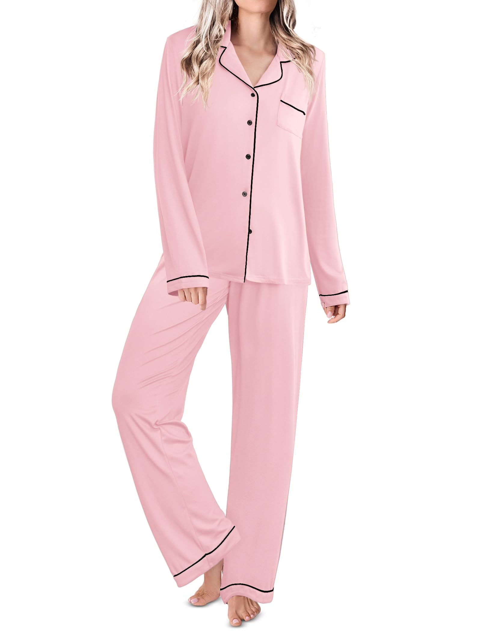 Ekouaer Womens Pajamas Set Classic Sleepwear Long Sleeve Button Up Pjs Sets