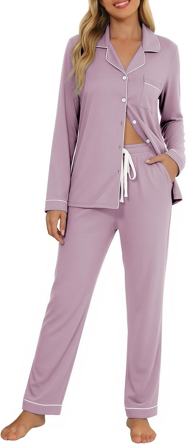 Senert Pajamas Set For Women Long Sleeve Sleepwear with Pocket Soft Button Down Shirt Long Pants Pj Lounge Sets S-XXL