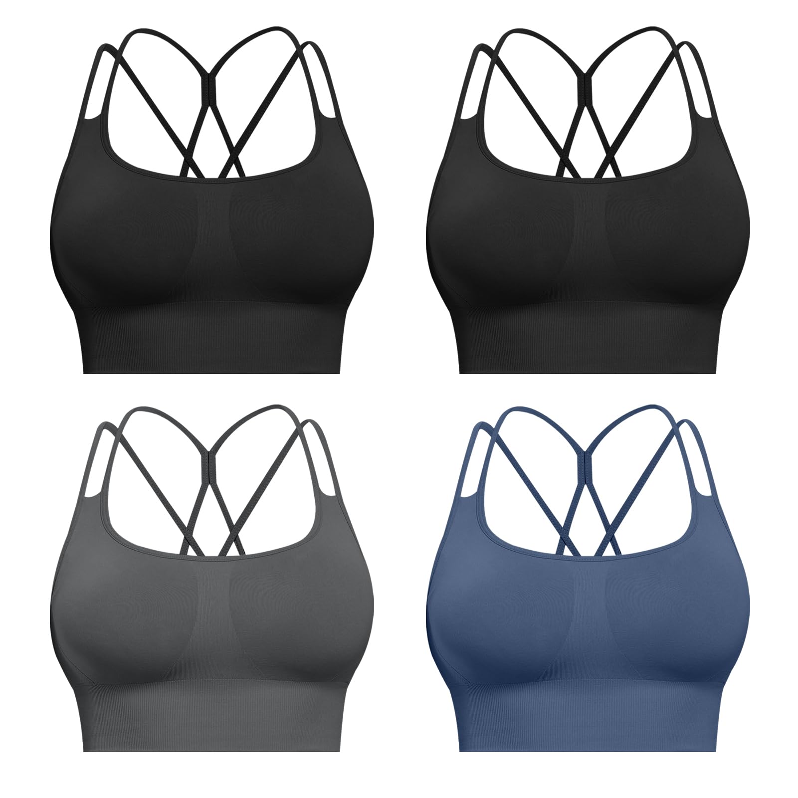 CHRLEISURE Sports Bras for Women, 4 Packs Padded High Support Workout Yoga Seamless Criss-Cross Racerback Bras