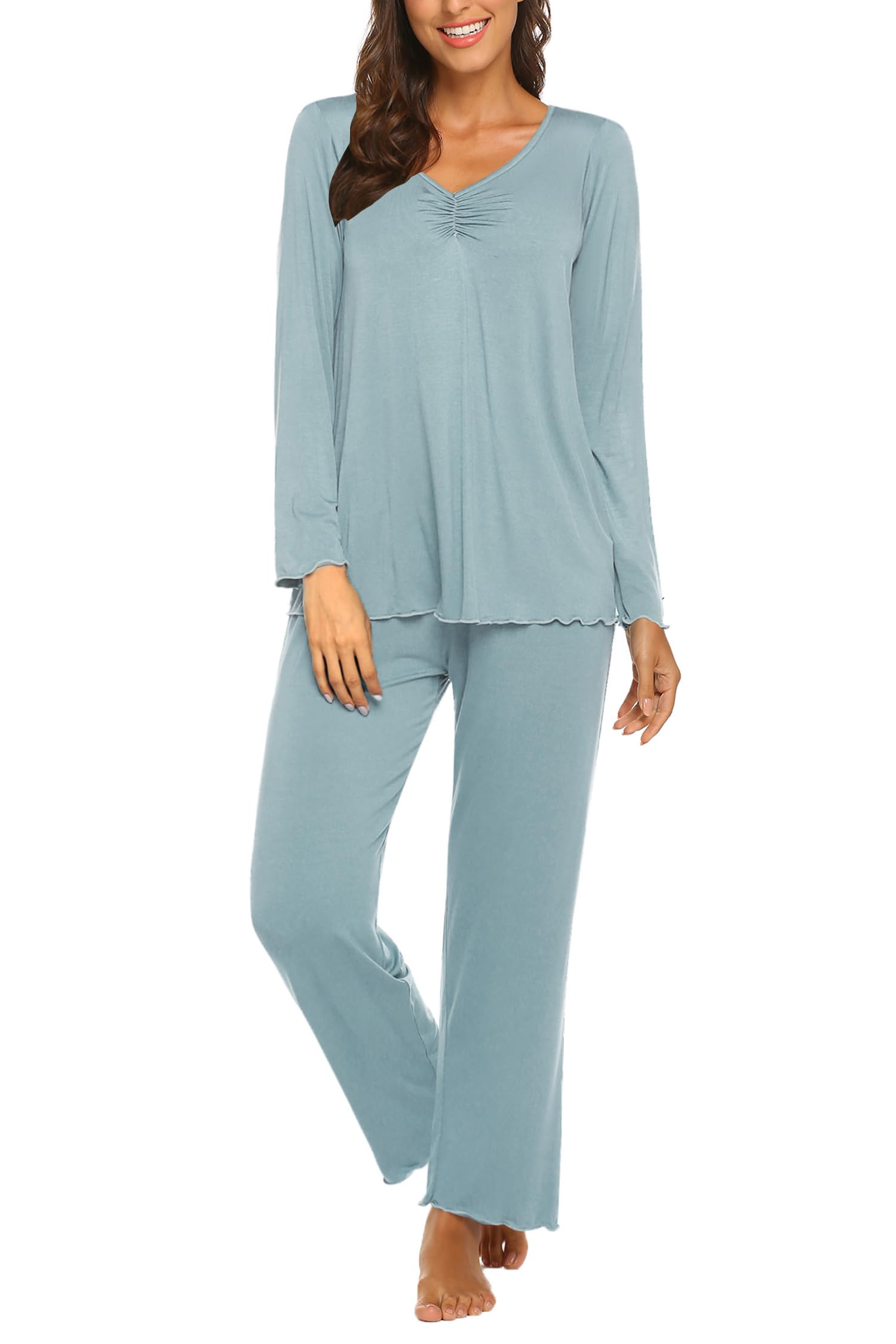 Ekouaer Pajamas for Women Set Long Sleeve Pleated Top and Pants Loungewear