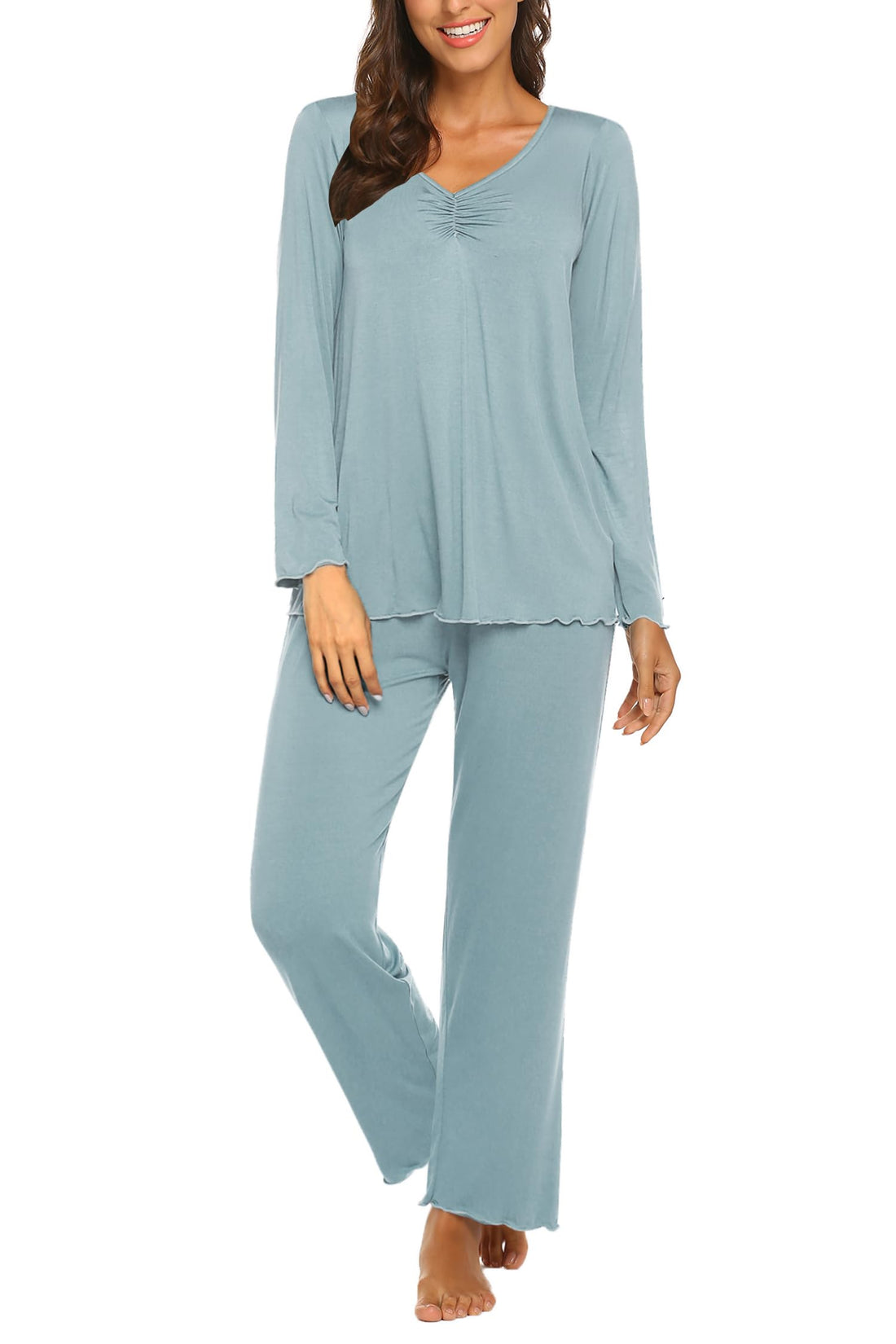 Ekouaer Pajamas for Women Set Long Sleeve Pleated Top and Pants Loungewear